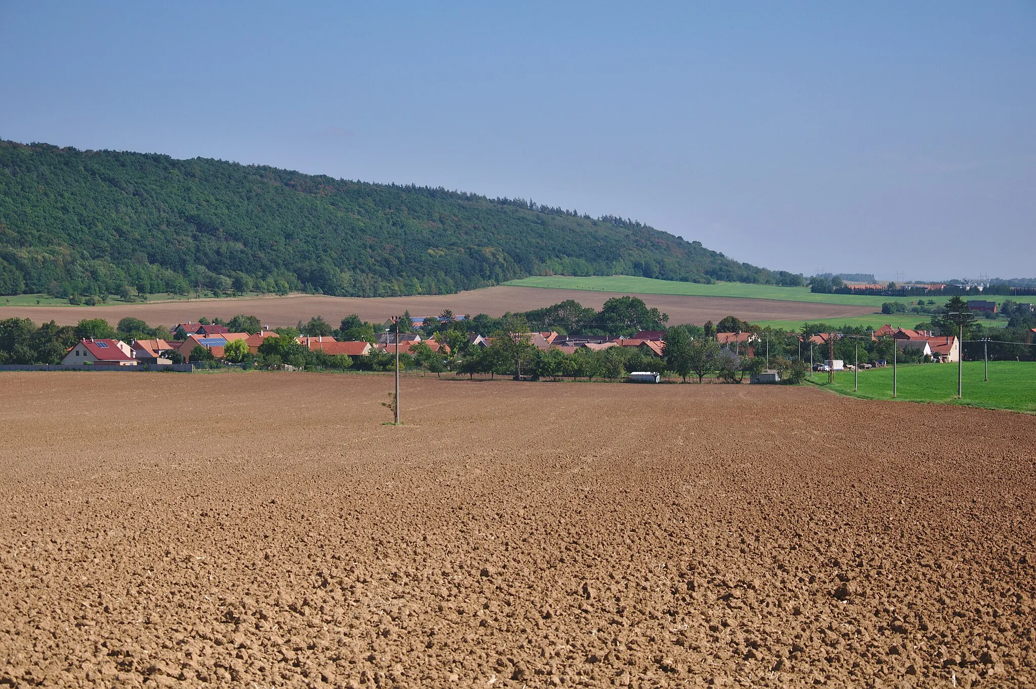 Photo showing: Pohled na obec od severozápadu, Služín, Stařechovice, okres Prostějov