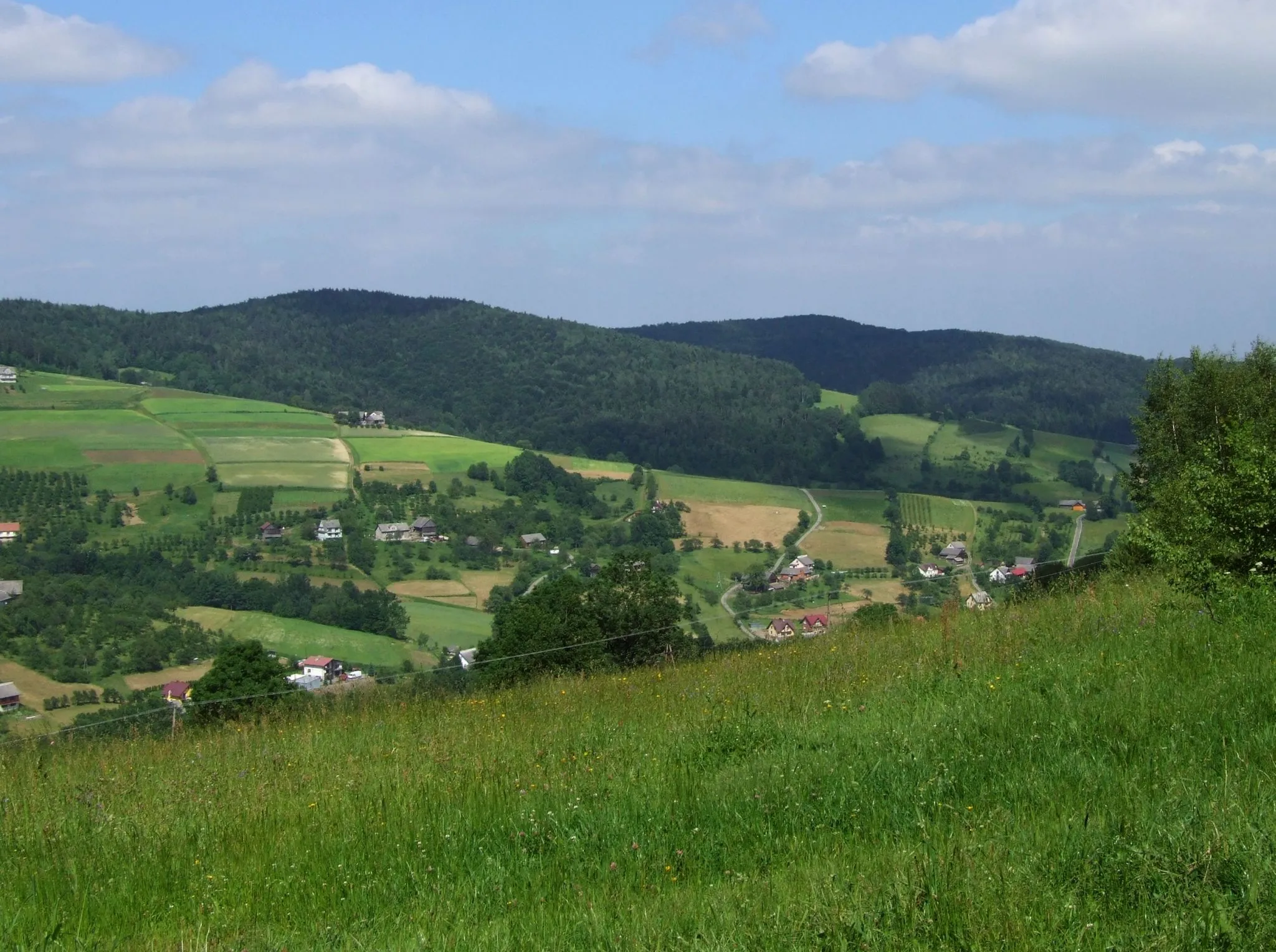 Photo showing: Widok z Jastrząbki na miejscowość Kamionka Mała. U góry zalesione szczyty Kobyły i Kopca