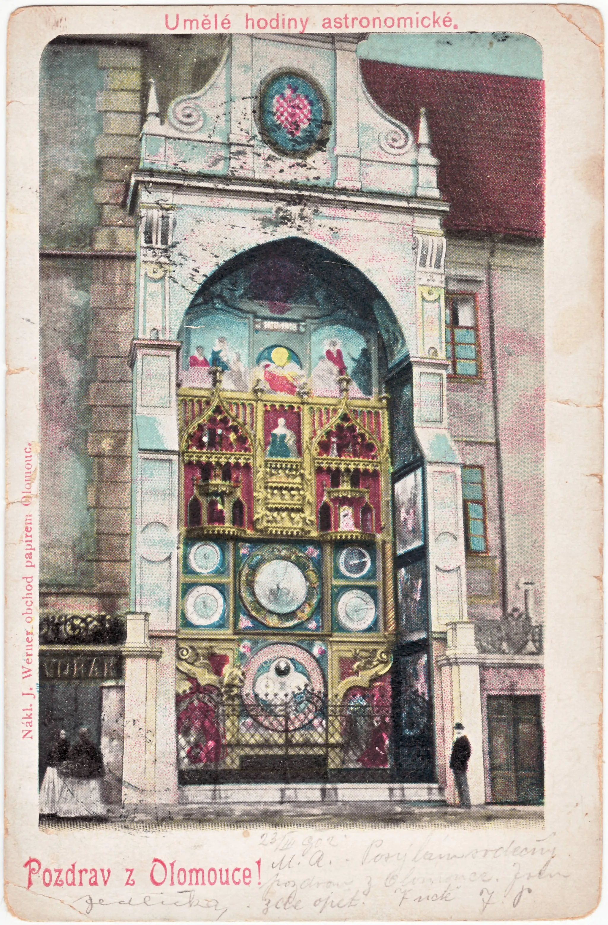 Photo showing: Historical postcard with the astronomical clock in Olomouc as it looked after the renovation in 1898. The postcard was postmarked on 23 March 1902.