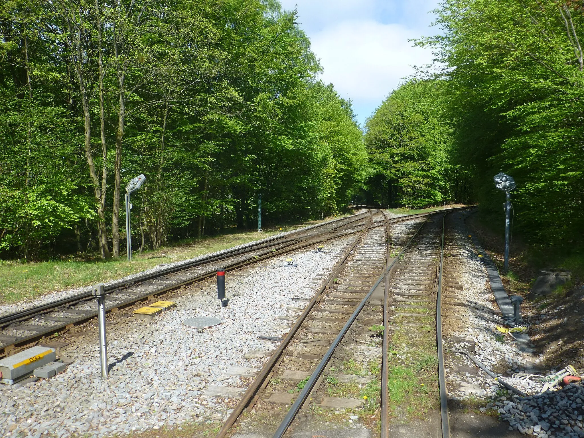 Photo showing: Cabin window view of crossover at Kagerup Station on Gribskovbanen in Denmark. The railway line splits here with the tracks going left for Tisvildeleje and right for Gilleleje. The picture was taken from the diesel railcar LNJ SM during a special trip with railway entusiasts.