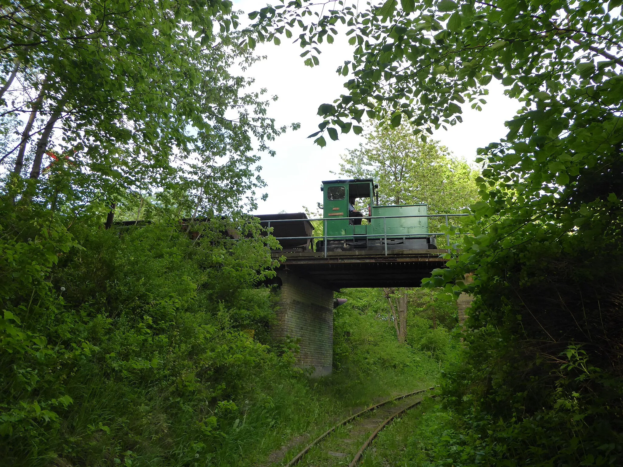 Photo showing: The heritage narrow gauge railway Blovstrødbanen in Denmark. Petrol locomotive MS 15 Klingenberg of Mogenstrup Stenindustri from 1975 and mining carts of Ruds Vedby Teglværk.