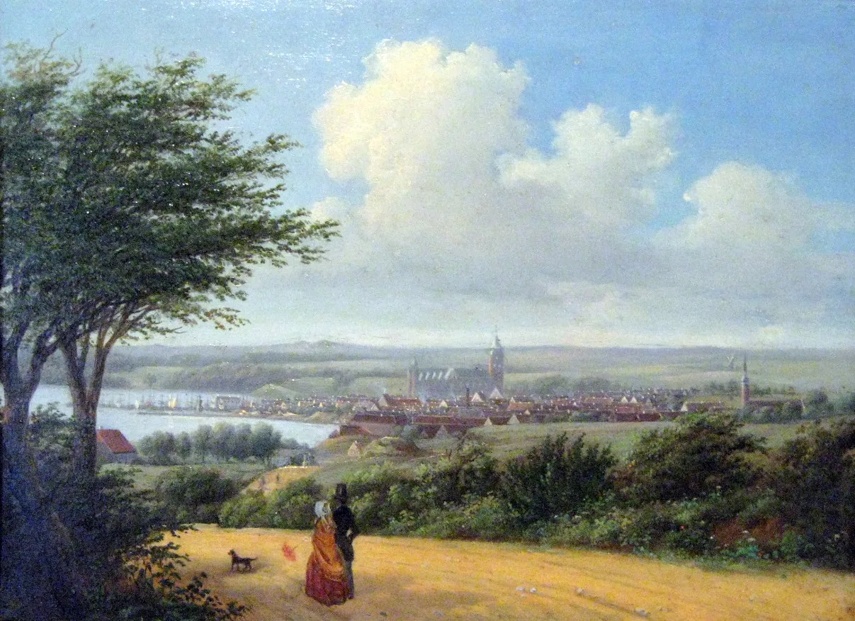 Photo showing: Aarhus set fra bakkerne i Riis Skov, maleri ca. 1850 af Peter Holm (fotograferet 2013 i Den Gamle By). Vejen på maleriet er landevejen til Vejlby, "den famøse hulvej".