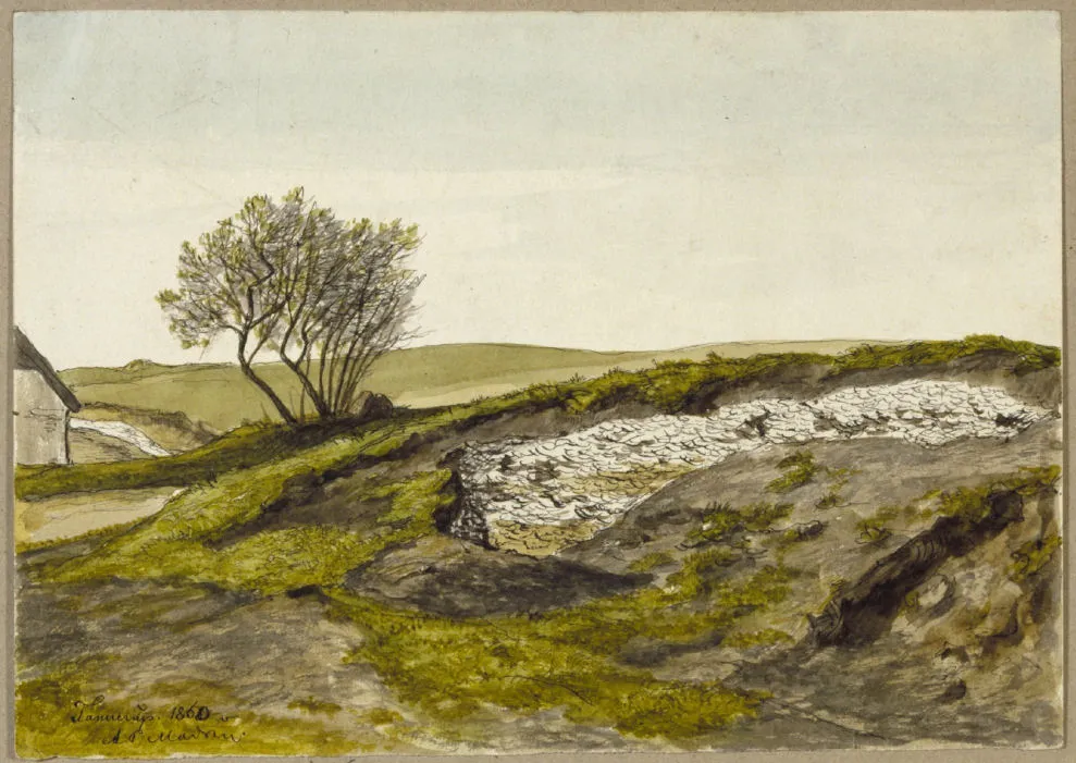Photo showing: Akvarel af A.P. Madsen 1860. Affaldsdynge, Fannerup, Ginnerup sogn.