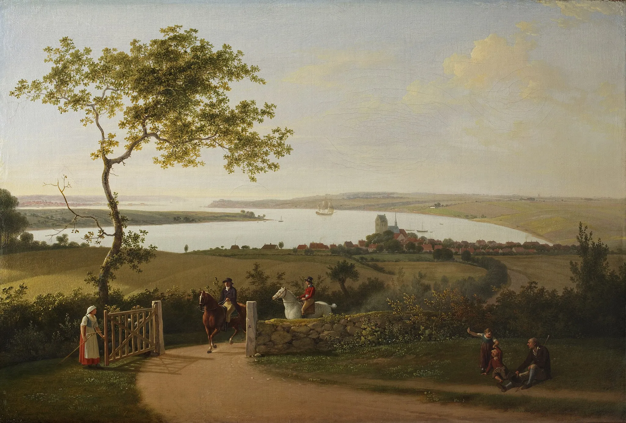 Photo showing: This view of Little Belt shows the town of Middelfart in the center and in the distance to the left the town of Fredericia in Jutland. From the museum's description: The paintings View across Lillebælt from Hindsgavl on Funen and View across Lillebælt from a Hill near Middelfart are of the same size and were conceived as companion pieces. They both take their motifs from the Funen grounds of the mansion of Hindsgavl, close to Juel’s birthplace of Gamborg. And in one sense both are about masters and servants. It is assumed that the pictures were commissioned by the owner of Hindsgavl, Christian Holger Adeler, about 1799, but that Juel simply never managed to finish them.