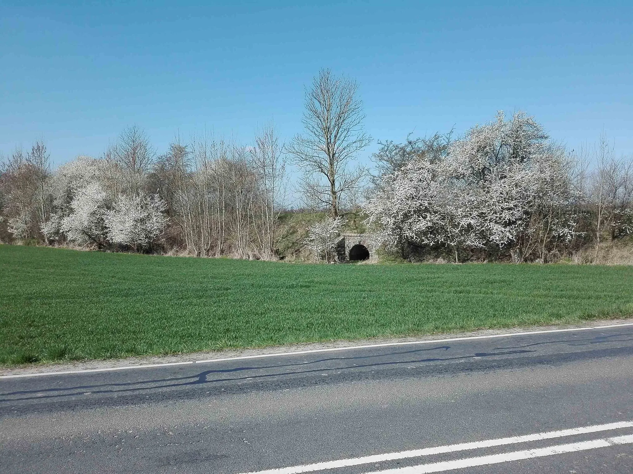 Photo showing: Kertemindebanens granitbro over et udtørret vandløb nord for Mesinge