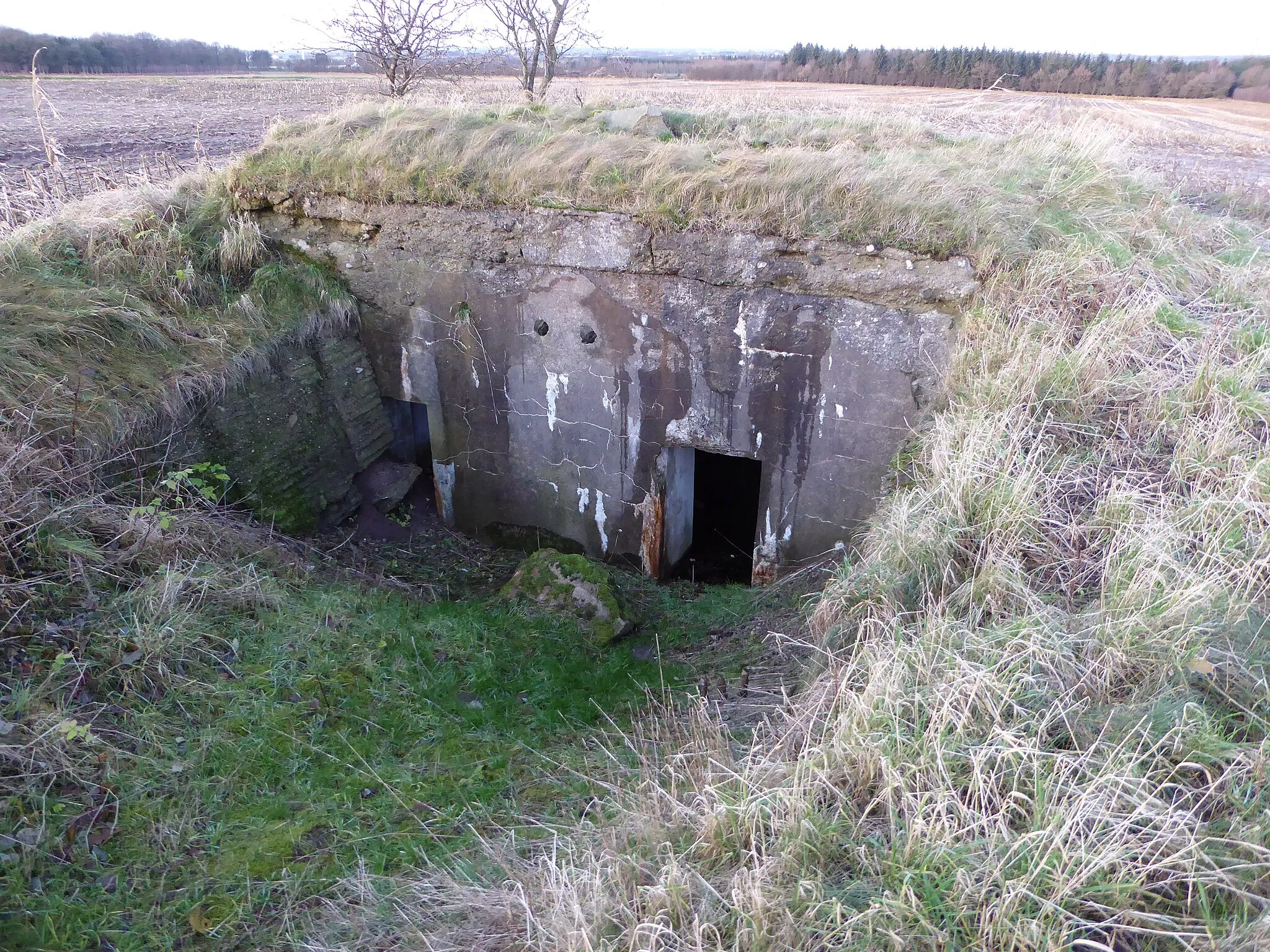 Photo showing: Et kig på bunkerens sydside fra højre. Den venstre indgang er halvt skjult af nedstyrtet jord.