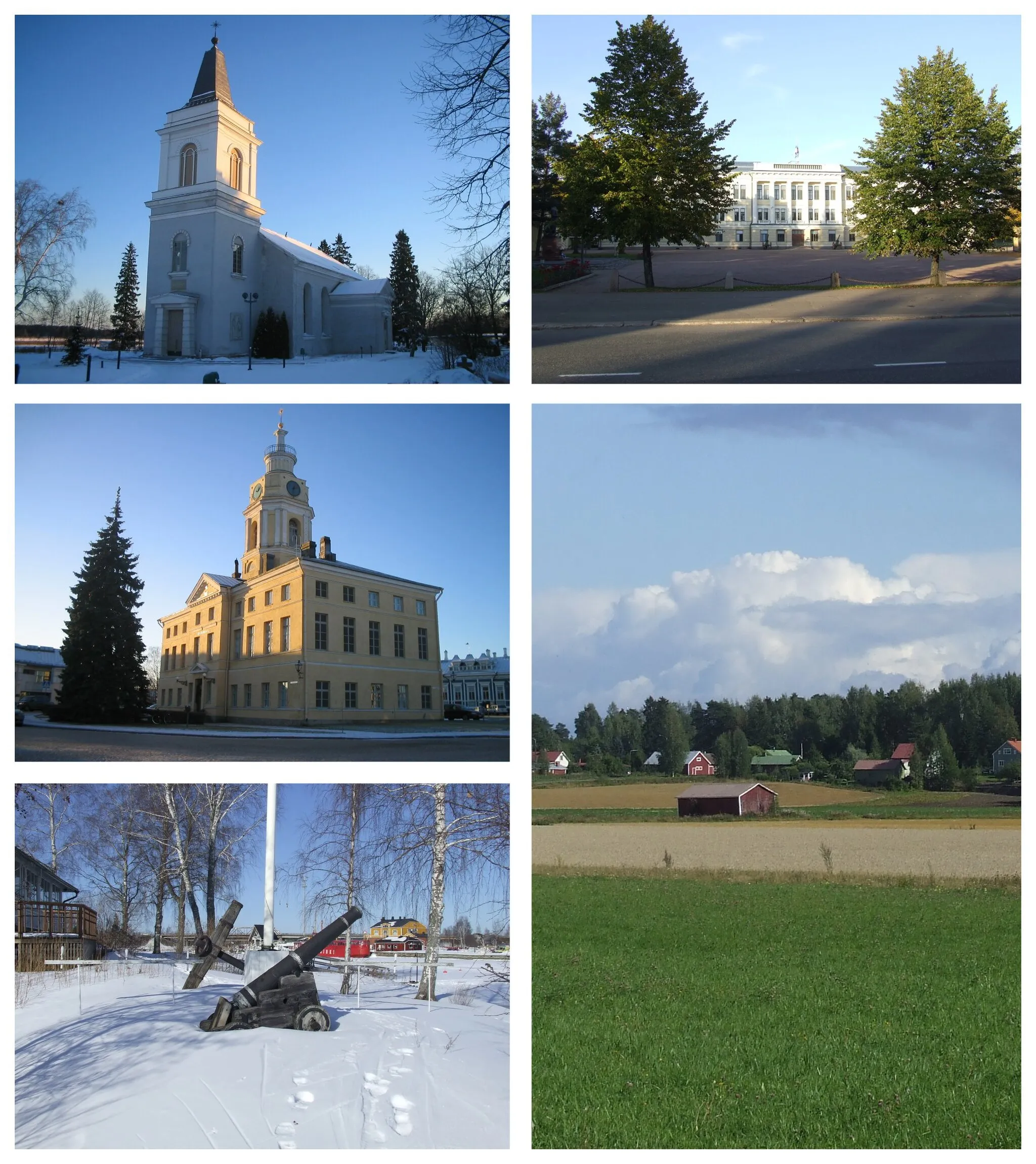 Photo showing: Montage of Hamina, Finland. From upper left: Saint Mary Church, The Reserve Officers' School, view from the Sailor Pavilion towards Tervasaari and the countryside of Husula.