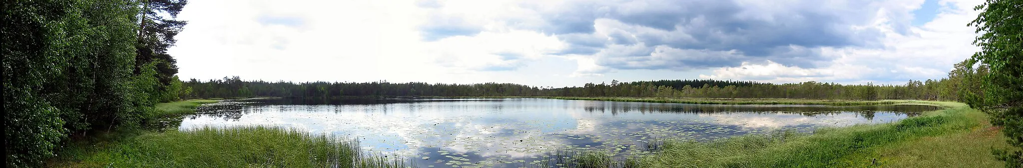 Photo showing: A panorama image of the swamp-shored lake Lakjärvi in the Kurjenrahka National Park, located in Western Finland