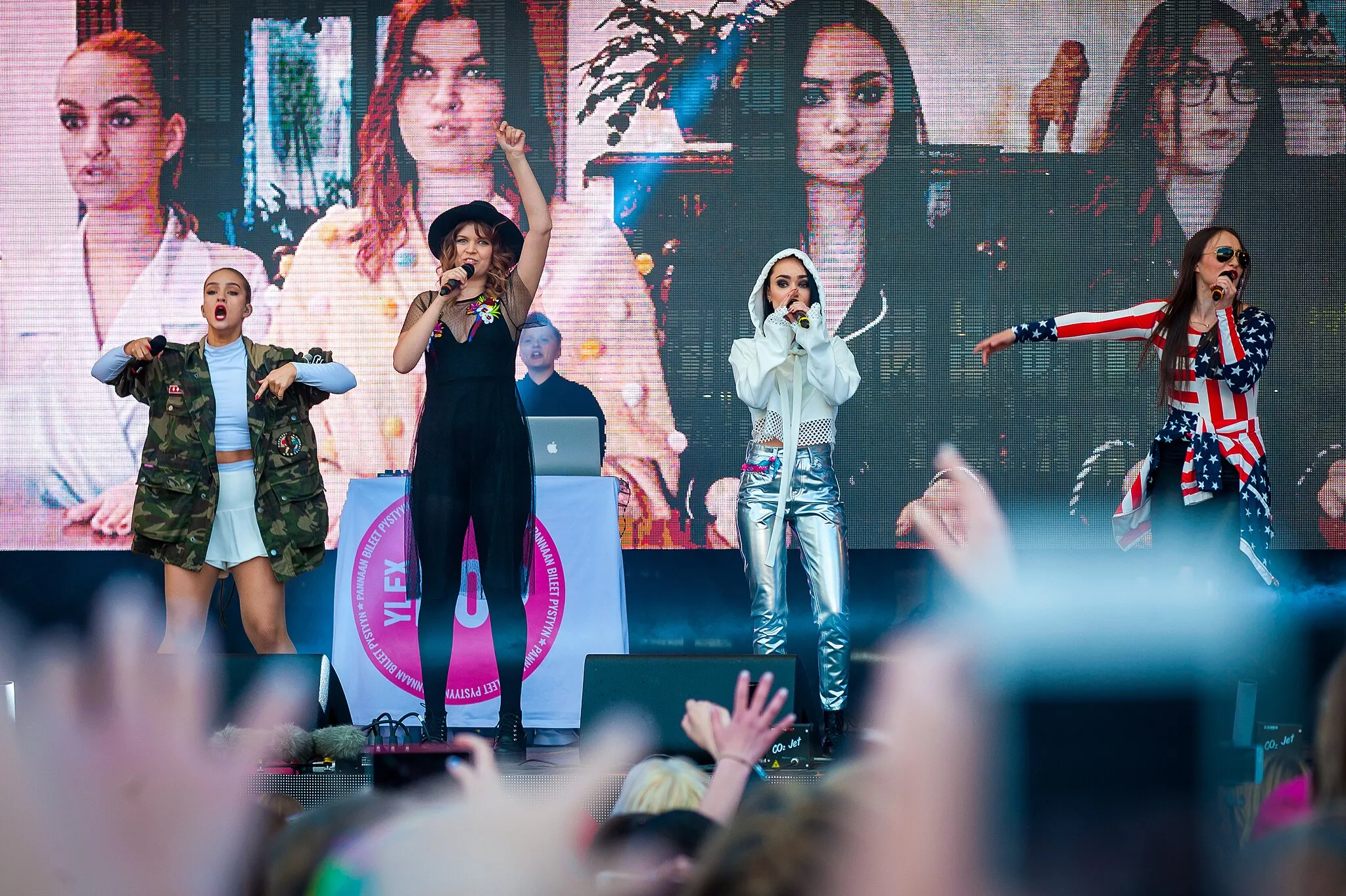 Photo showing: Nelli Matula, Vilma Alina, Sini Yasemin and Ida Paul performing their hit Tyynysotaa at the 2017 YleXPop festival in Lahti, Finland.