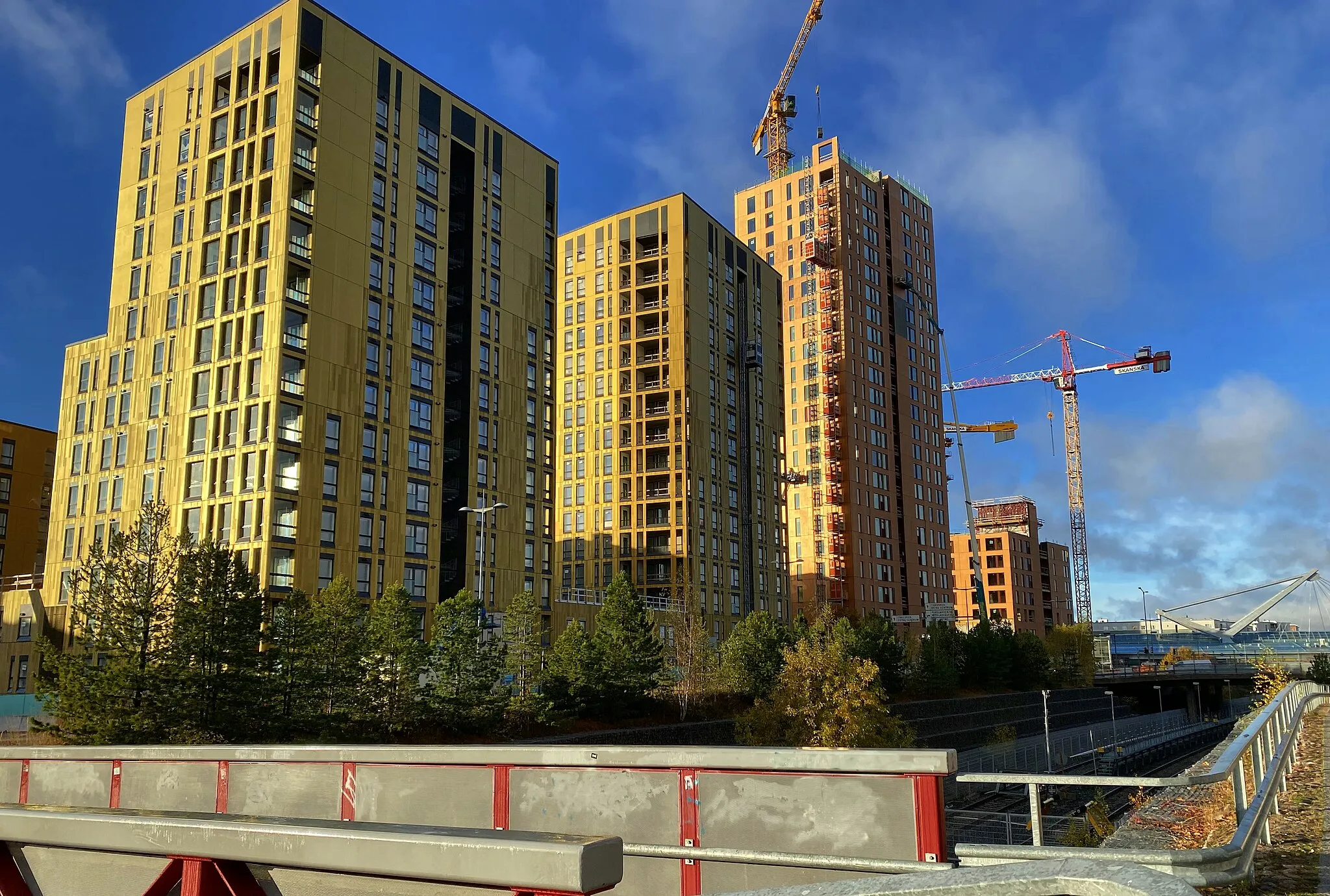 Photo showing: The new gold and bronze coloured Delfiinikortteli tower blocks