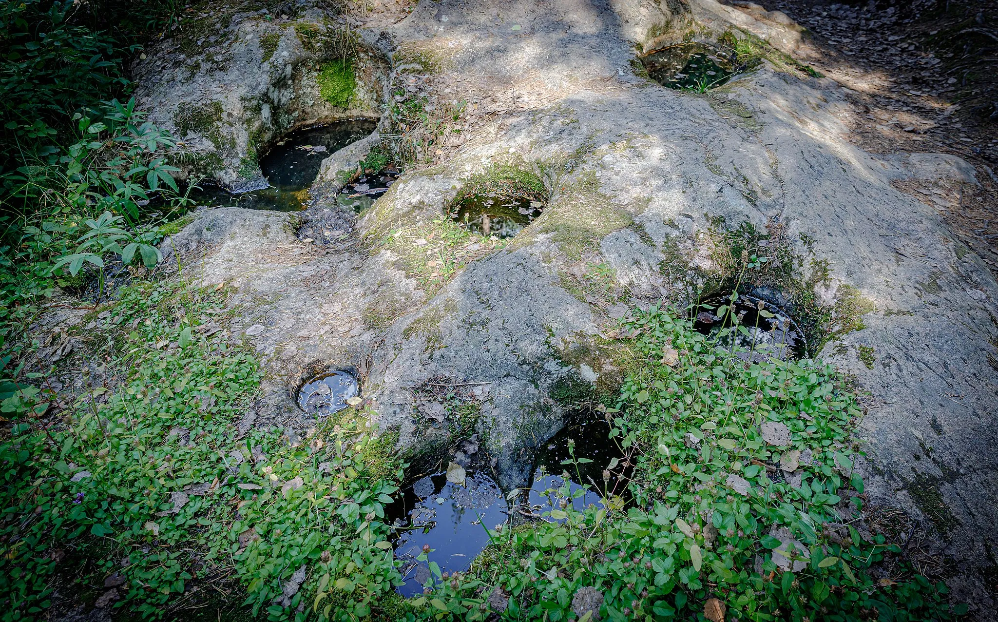 Photo showing: The kettle holes are created as a result of erosion by water and the rock material transported by it. Kruununpuisto Park, Imatra, Finland. Vuoksi river.