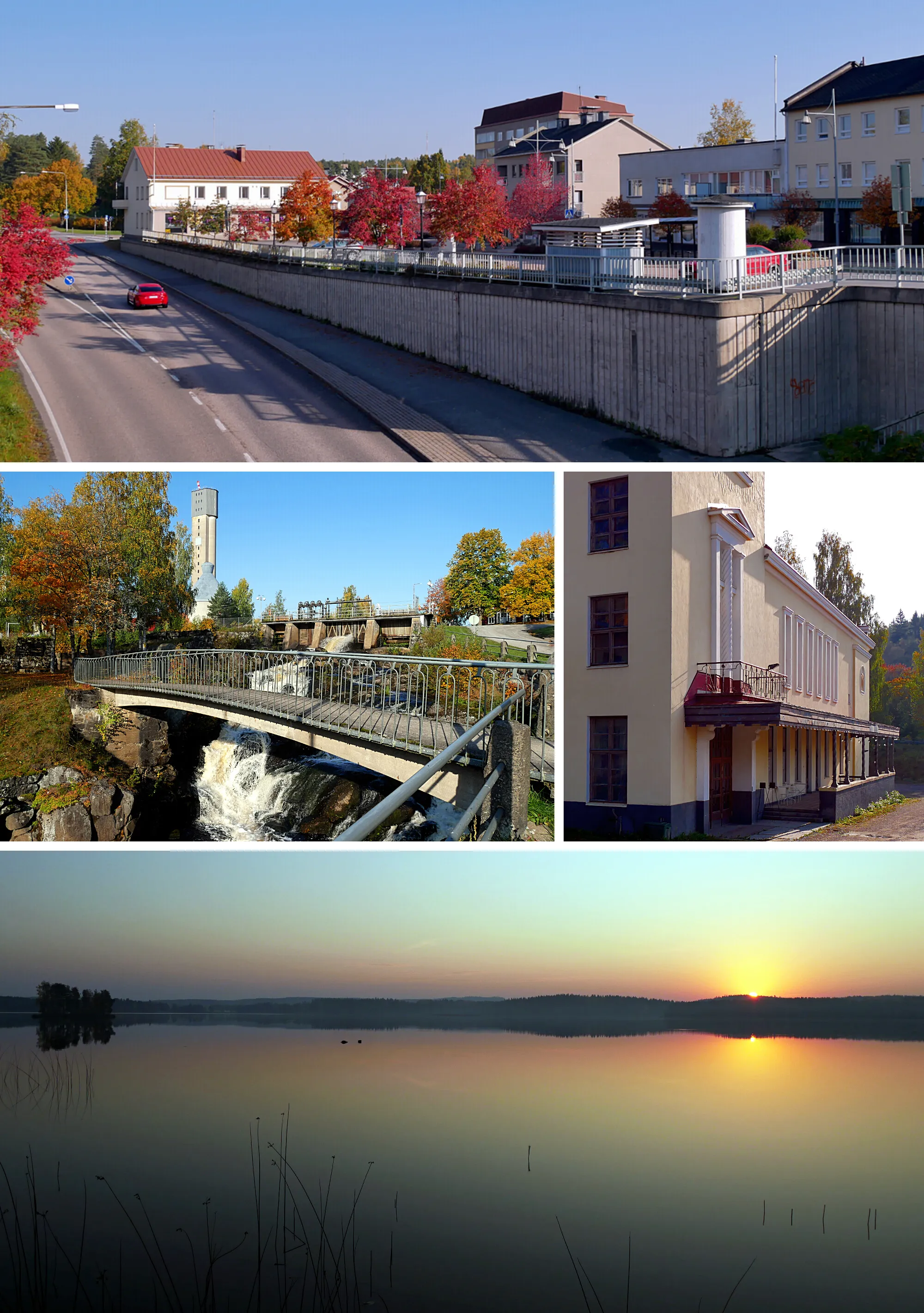 Photo showing: Top to bottom: the center of Jämsänkoski, the Patalankoski rapids, the castle Ilveslinna, autumnal sunrise at the lake Kankarisvesi (eastward view)