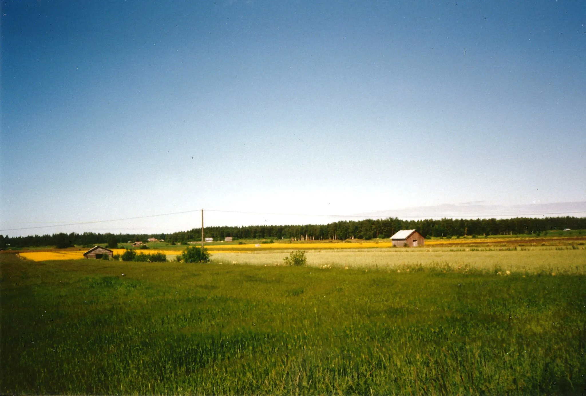 Photo showing: Jordbrukslandskapet kring bykärnan i Ömossa, sommaren 1992.