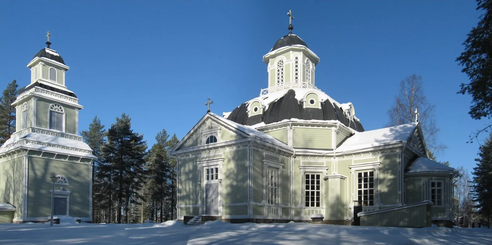 Photo showing: The church of Konginkangas with the belfry to the left (Feb 25, 2009) in Äänekoski, Finland