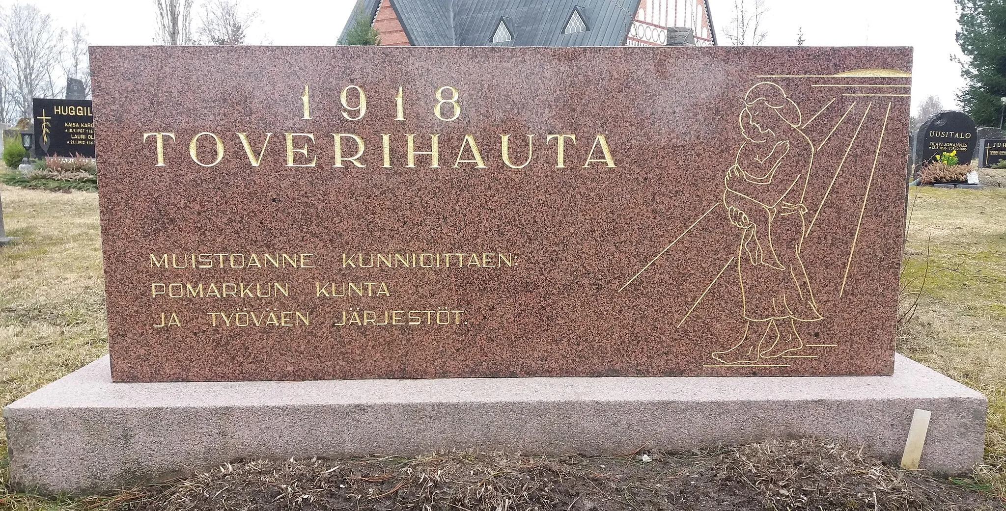 Photo showing: The 1947 completed Red Guard Memorial at the Pomarkku Cemetery, Finland.