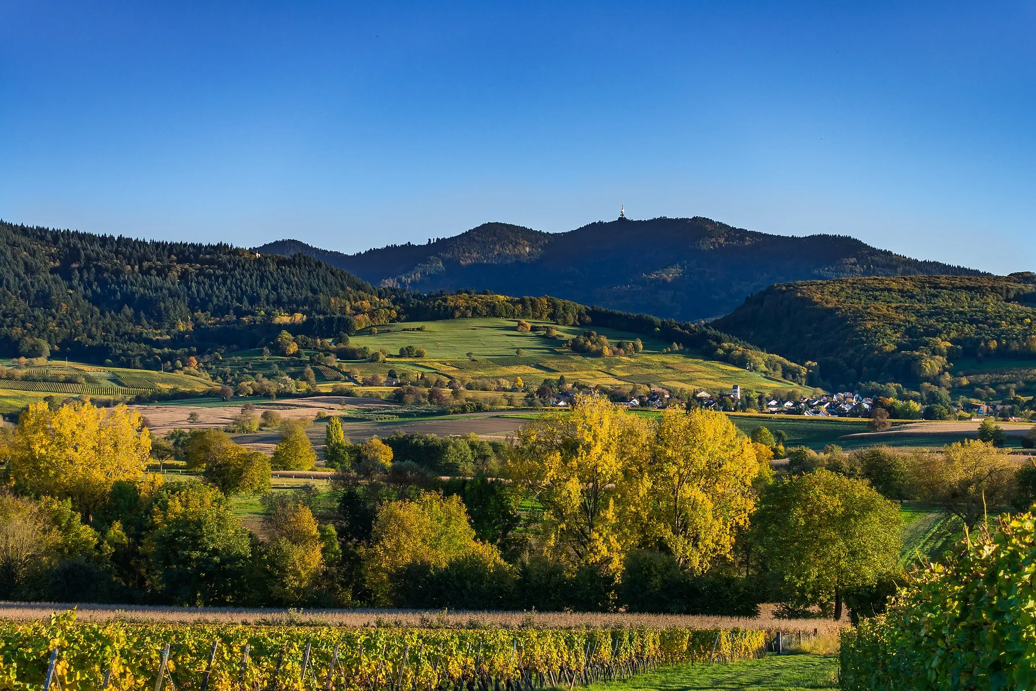 Photo showing: View of the village Britzingen (Müllheim) in the Markgräflerland (South Baden, Germany). In the background you can see the castle Neuenfels and the telecommunications tower Blauen (Black Forest).