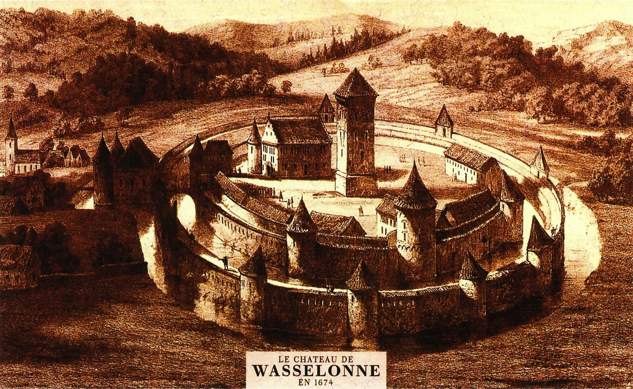 Photo showing: Le château de Wasselonne en 1674. Lithographie du XIXeme siècle.
