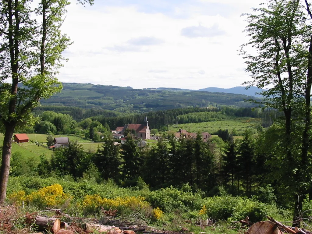 Photo showing: Le Puid
Commune du canton de Senones (Vosges)
Partie est du village, vue de la Tête de la Molère