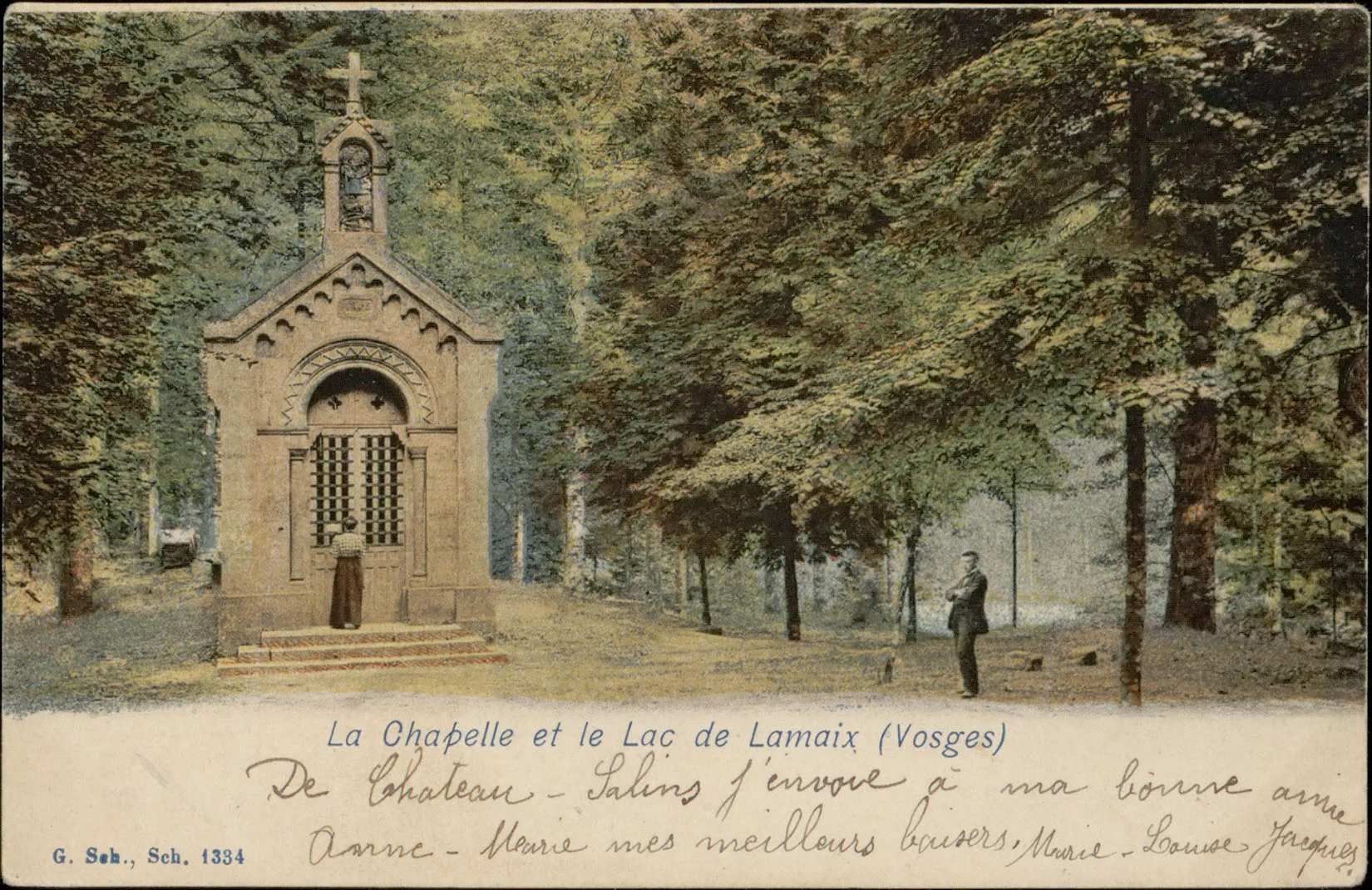Photo showing: Carte postale n°1334  Carte postale représentant la chapelle et le lac de Lamaix dans les Vosges  Nom de la collection : Curiosités et Merveilles de l'Alsace-Lorraine