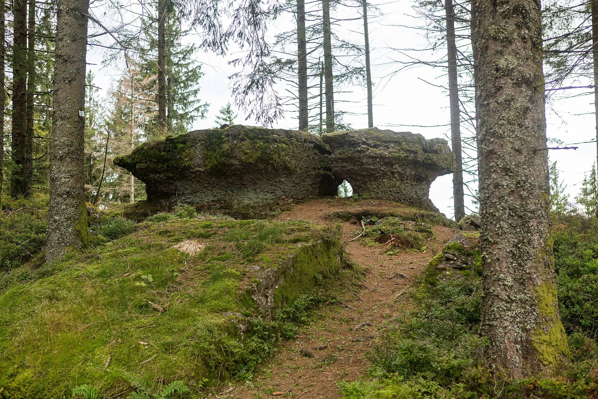 Photo showing: Old rock formation looking like two giant tables, made by man on top of a mountain in France. Forêt Communale de Saulxures-sur-Moselotte.