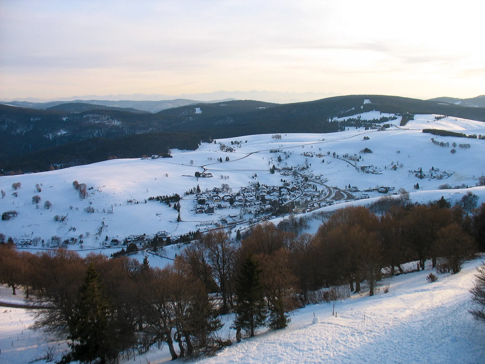 Photo showing: Blick vom Schauinsland auf Hofsgrund im Winter, am Horizont die Alpen