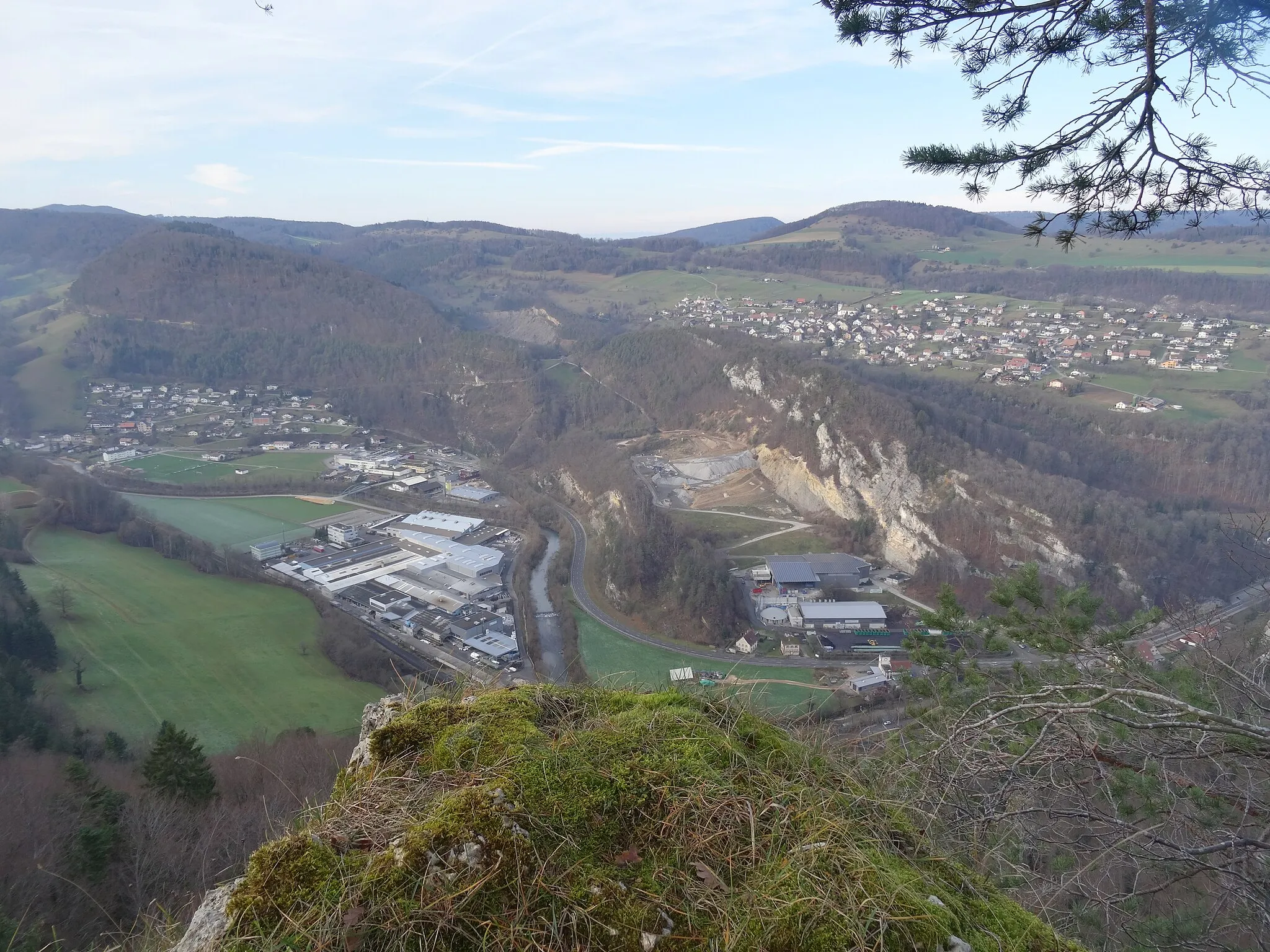 Photo showing: Die Dorfteile von Liesberg, von der Flüematte aus gesehen. Rechts oben ist Liesberg Dorf, links unten Liesberg-Riederwald mit Aluminiumwerk (Aluminium Laufen).