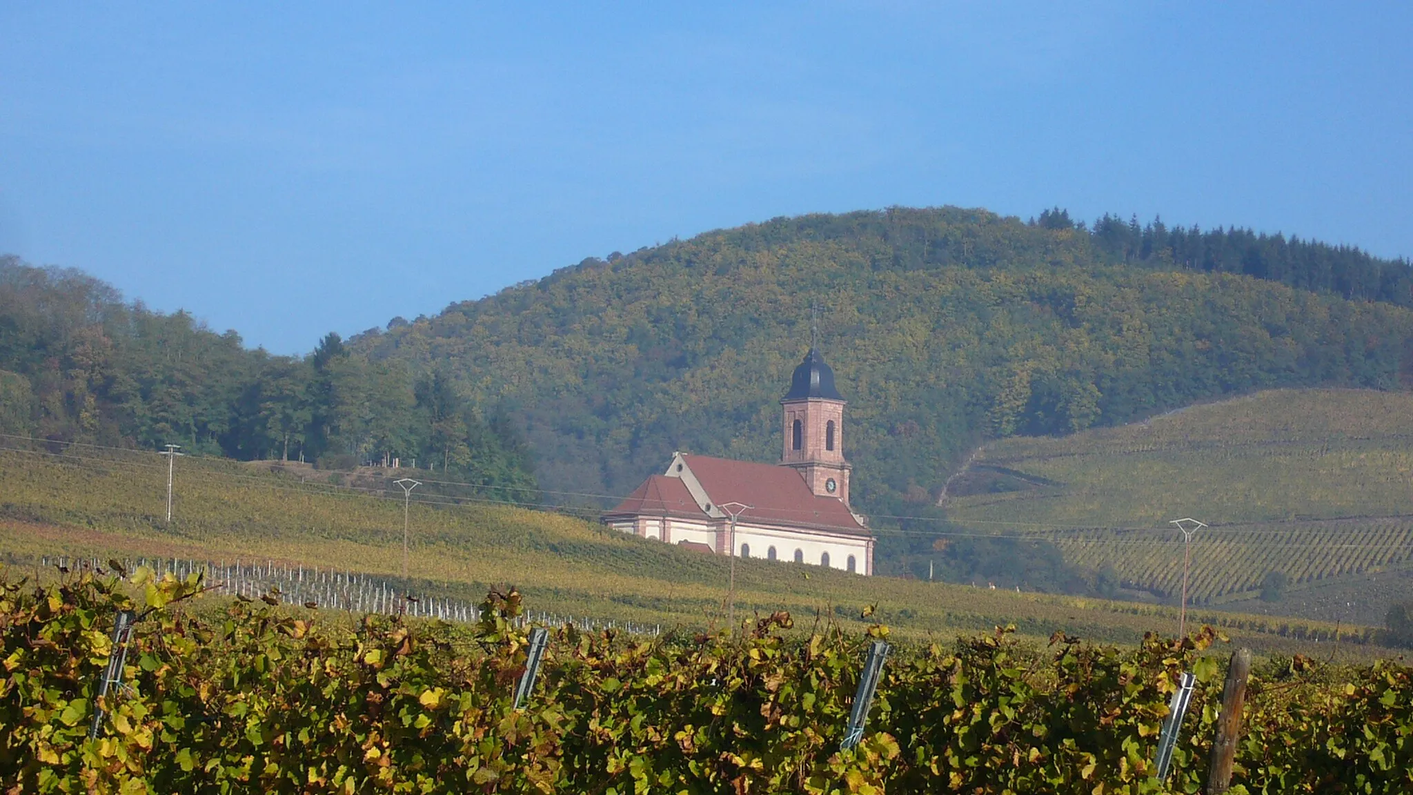 Photo showing: Eglise Saint-Maurice vue depuis la route entre Orschwiller et Châtenois