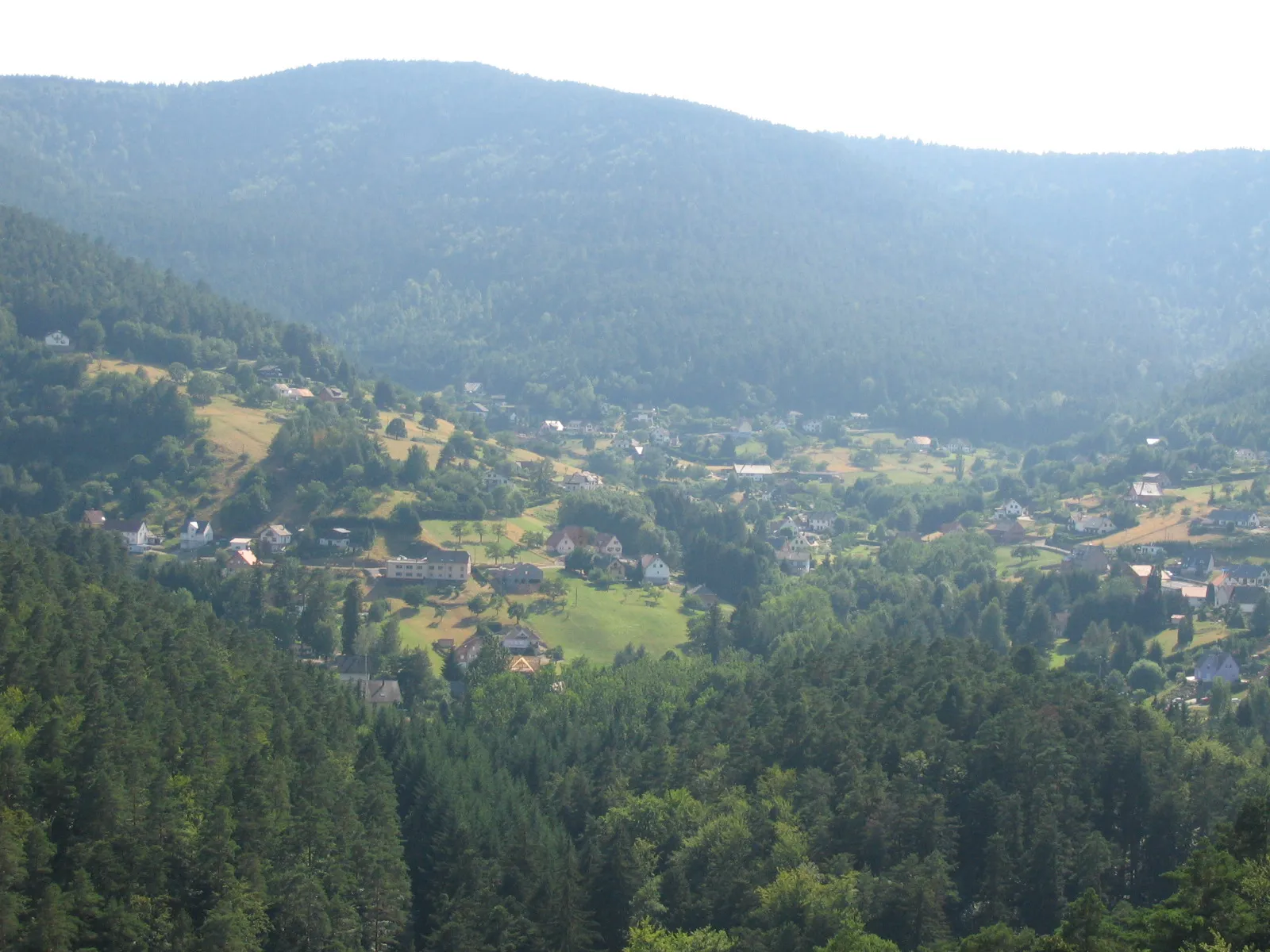Photo showing: Les hameaux de Wangenbourg vus du château : les Huttes (à gauche) et Schneethal (au fond) dominés par le Schneeberg (961 m.)
