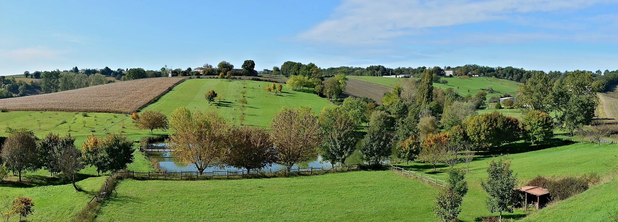 Photo showing: Hilly landscape with a pond, as seen from road D 10, Saint-Laurent-de-Belzagot, Charente,, France.