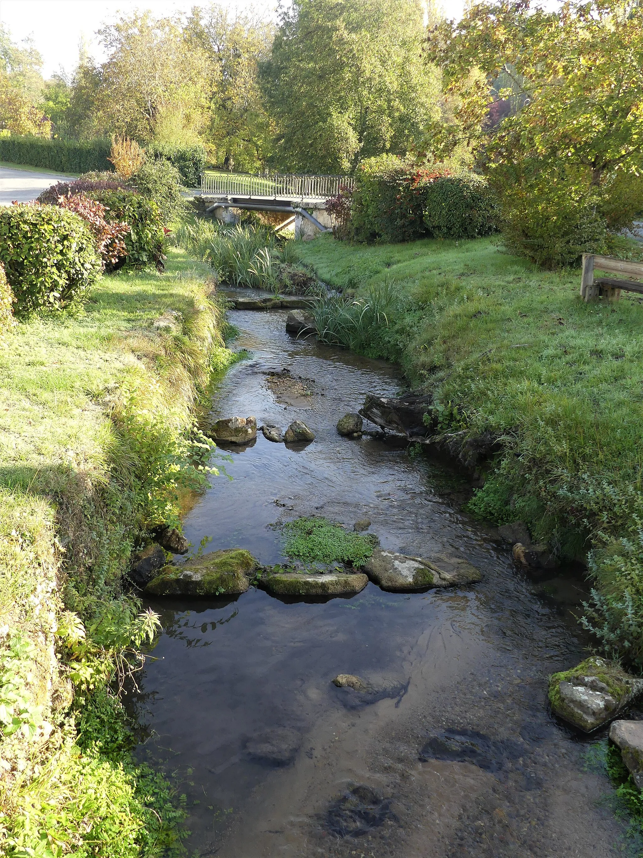 Photo showing: L'Eyraud à la passerelle du bourg de Laveyssière, Vue prise en direction de l'amont.