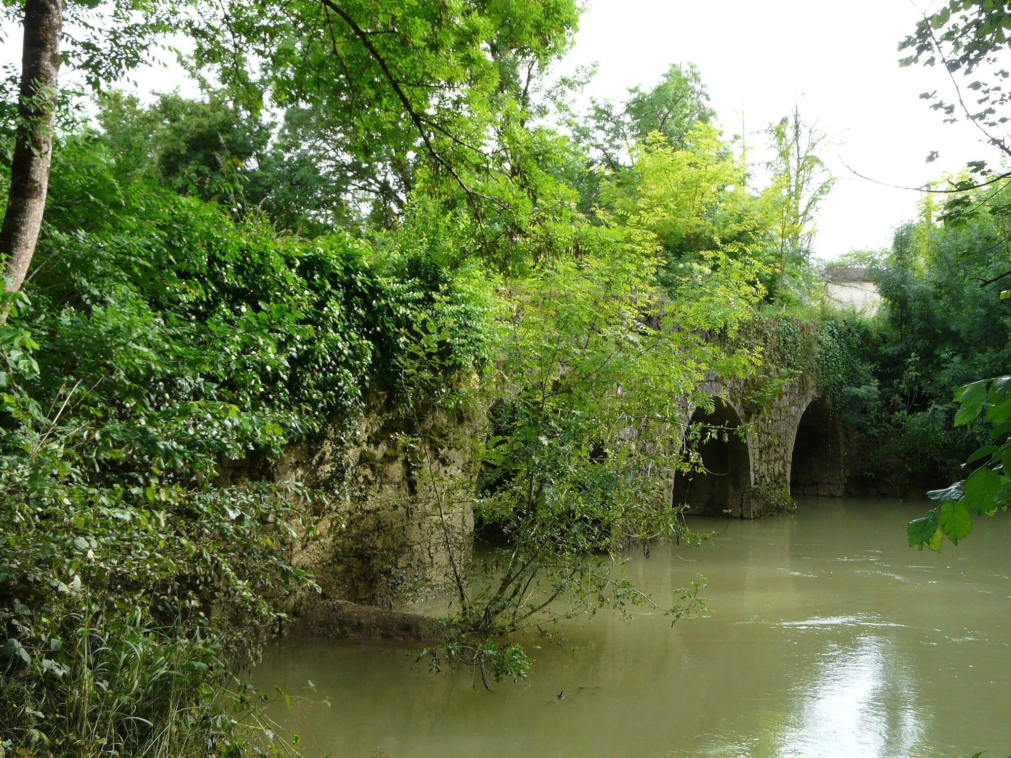 Photo showing: Le pont de Tauziète sur l'Osse entre Nérac (au premier plan à gauche) et Andiran (au second plan) ; Lot-et-Garonne, France.