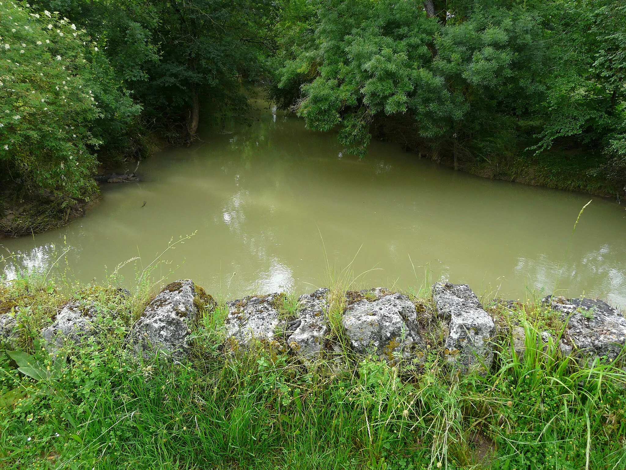 Photo showing: L'Ossse en aval du pont de Tauziète marque la limite entre les communes d'Andiran (à gauche) et de Nérac ; Lot-et-Garonne, France.