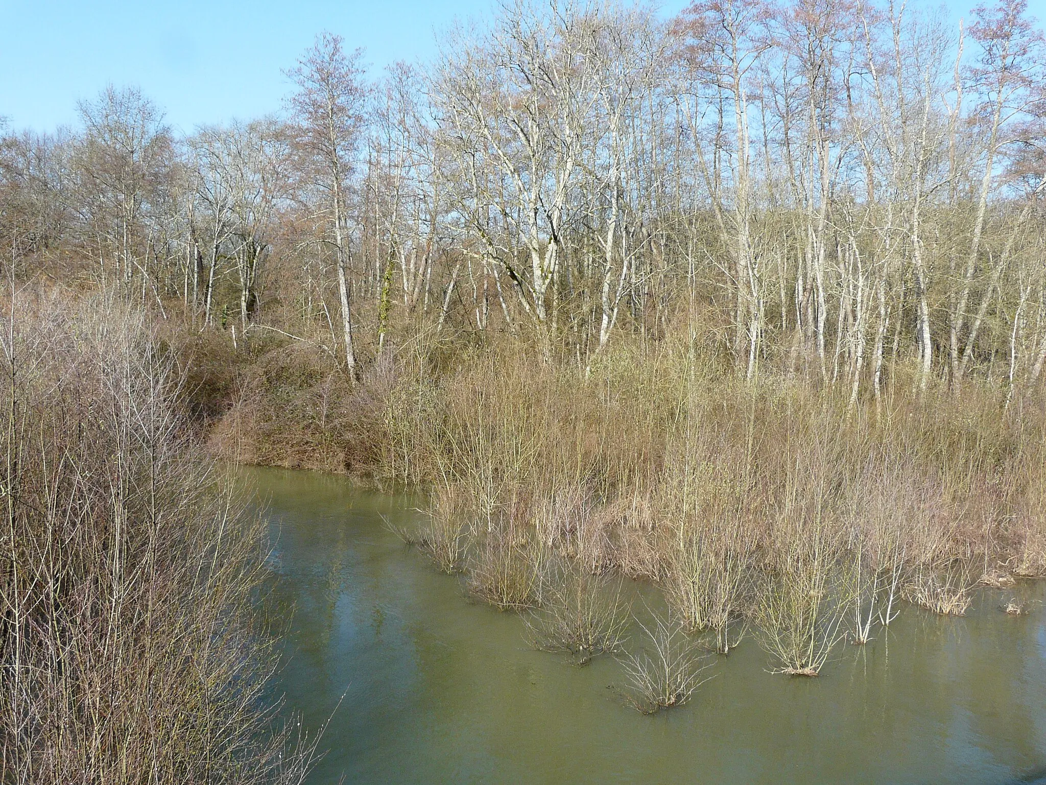 Photo showing: Crue du Caudeau (bras principal) en aval de la route nationale 21 (contournement oriental de Bergerac), communes de Lembras et Creysse, Dordogne, France.