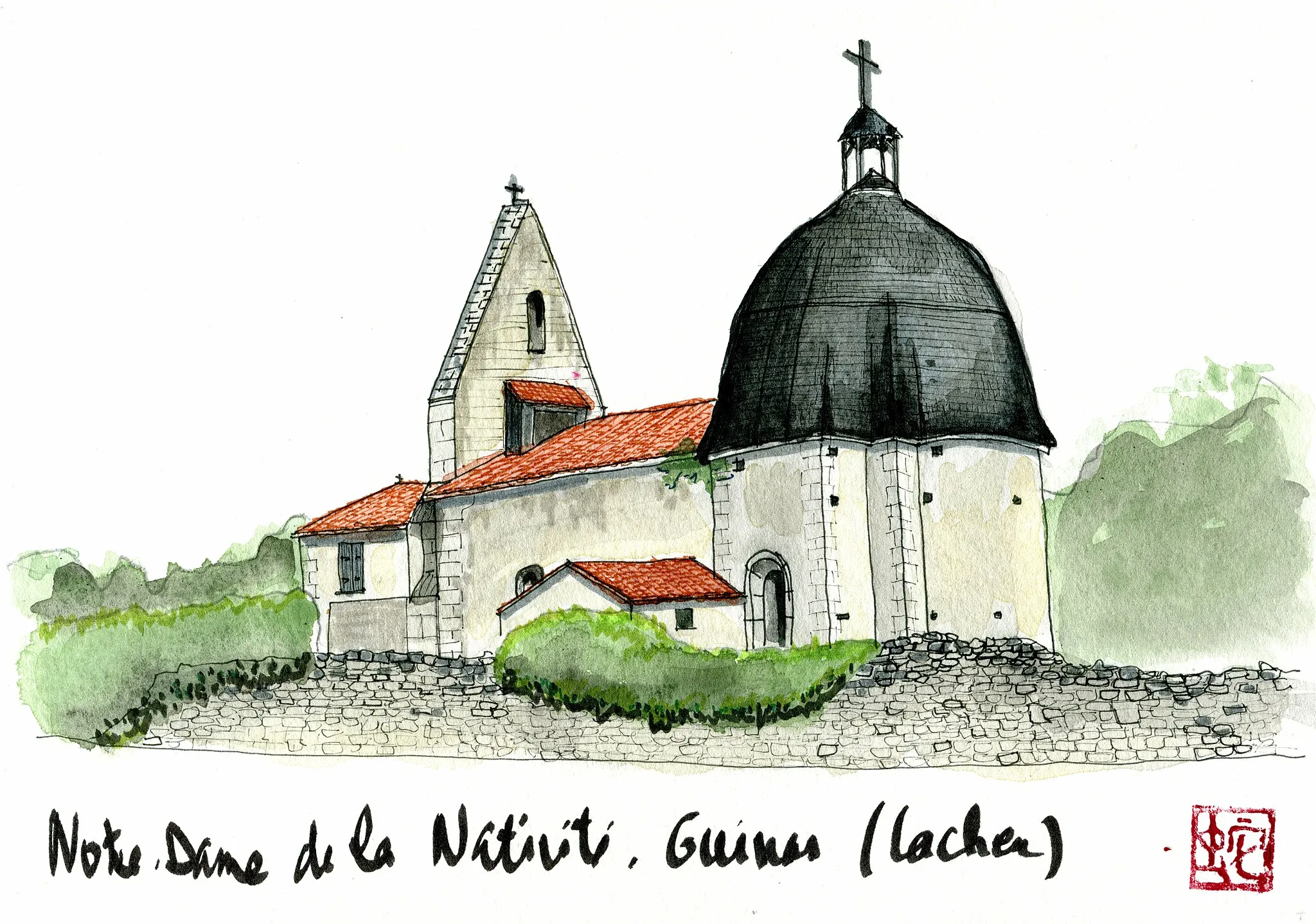 Photo showing: Aquarelle de l'église Notre-Dame de la Nativité à Guinas, sur la commune de Cachen dans le département français des Landes.