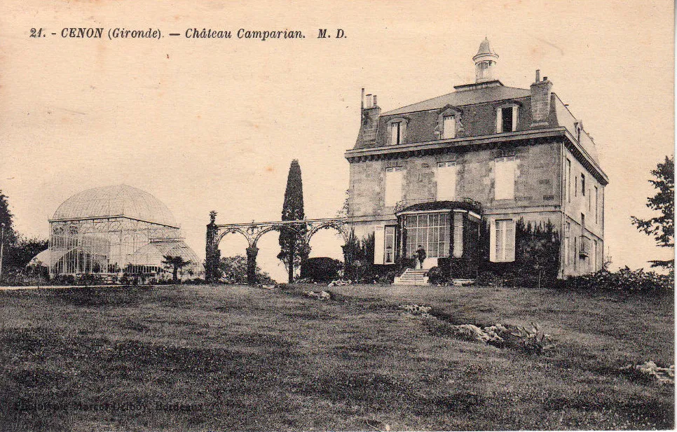 Photo showing: Cenon, château de Camparian, construit vers 1860. Au début, il était entouré de vignes avec une production de 10 tonneaux de vin rouge. Il est inscrit à l’inventaire des Monuments Historiques de la Gironde depuis 1991. L’étymologie signifierait : « Camp des Aryens ».