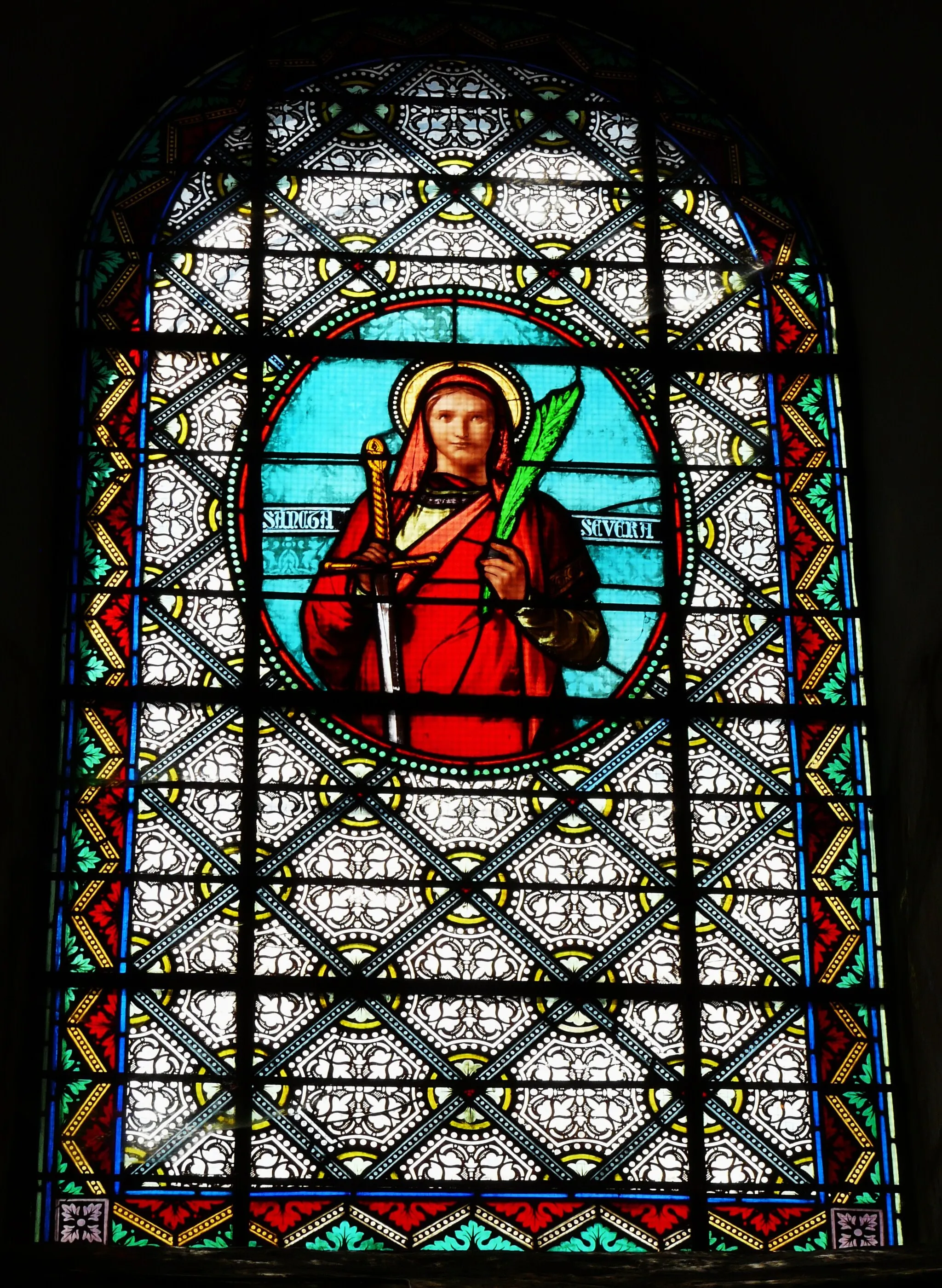 Photo showing: Vitrail représentant Sainte Sévère. Église Saint-Pantaléon de Valeuil