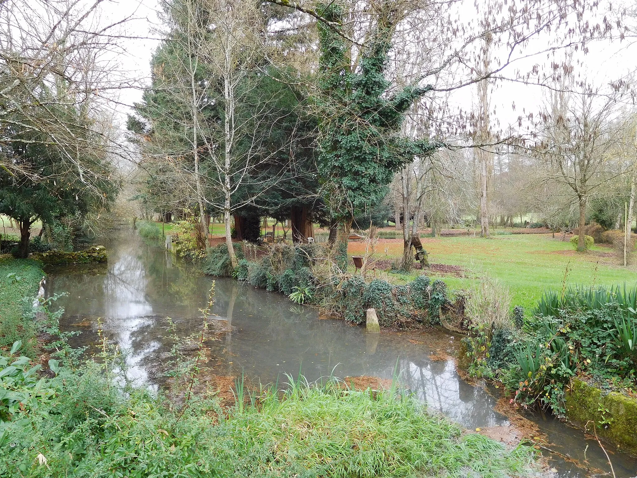 Photo showing: Le bras (et bief, privé) de la Crempse juste en amont du moulin de Séguinou (photo prise du pont proche de la rue de Barraud), quartier de Barraud, Mussidan (Dordogne, France).
Le vieux four à pain restauré (et privé) au bord de la Crempse se trouve à proximité, sur la rive droite (vers la gauche).