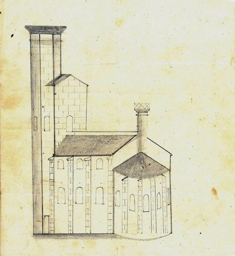 Photo showing: Vue perspective de l'ancienne église de Boos. Dessin à la mine de plomb, vers 1900