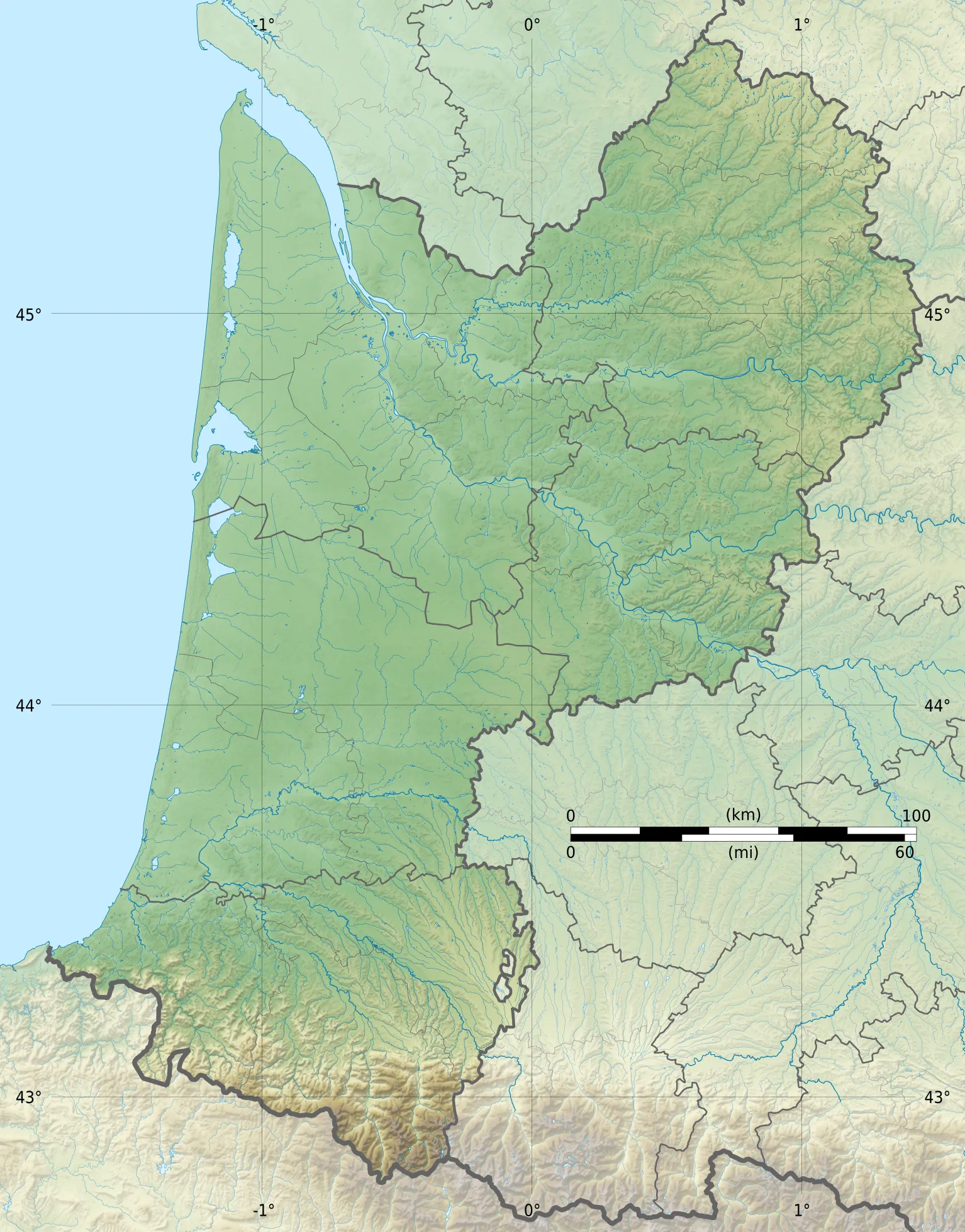 Photo showing: Blank physical map of the region of Aquitaine, France, for geo-location purpose.