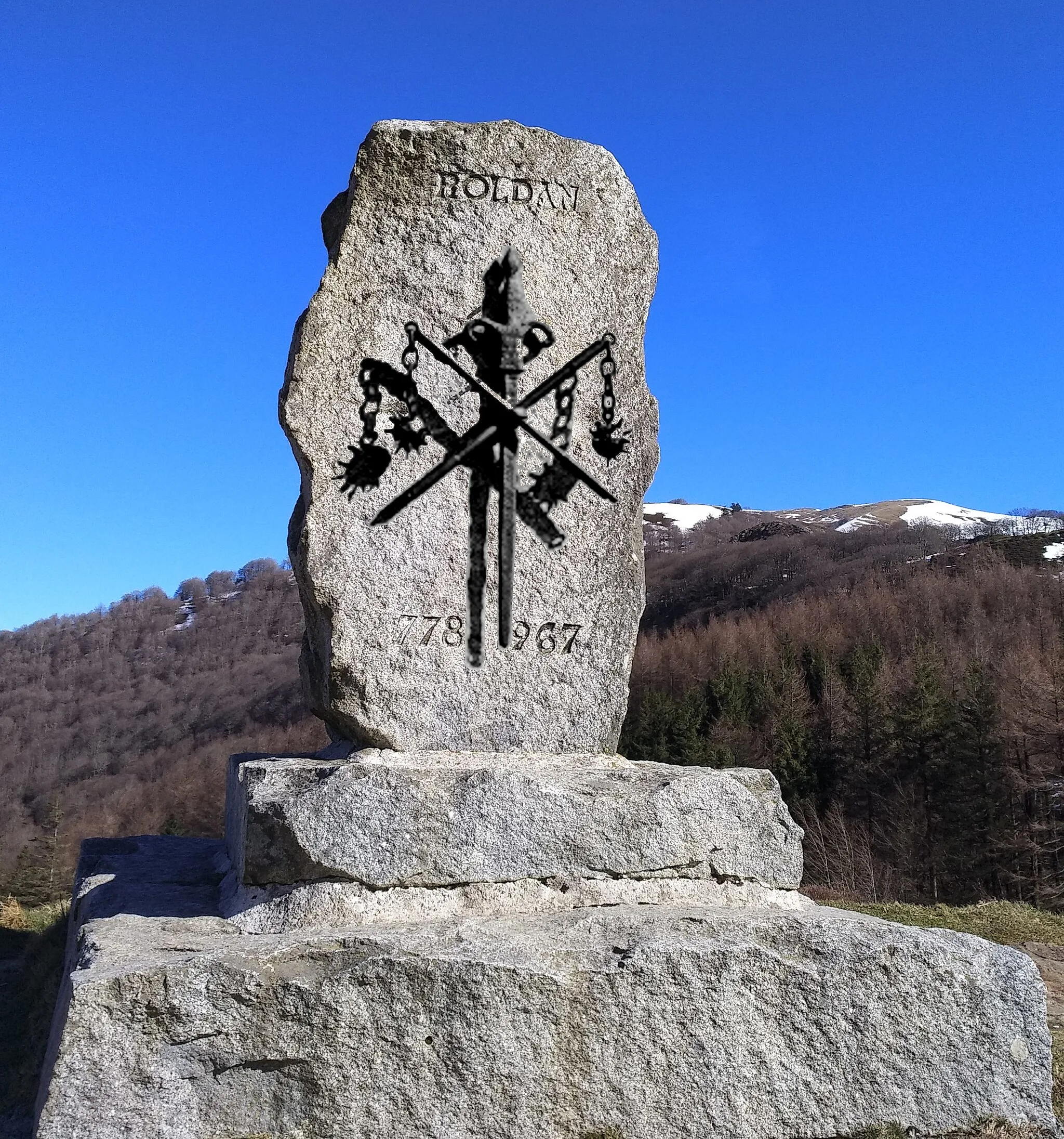 Photo showing: Monumento a Roldán (Puerto de Ibañeta) - Recreación con fotografía propia al cual se ha sobreimpresionado los elementos ya desaparecidos