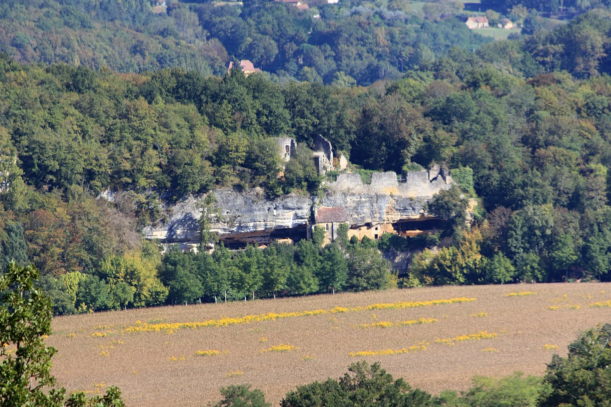 Photo showing: The rockshelter of La Madeleine, Tursac, Dordogne, France. This site was occupied by Homo Sapiens in Upper Paleolithic, near 18,000 and 10,000 BP. Above the shelter was built a medieval castle, now in ruins.