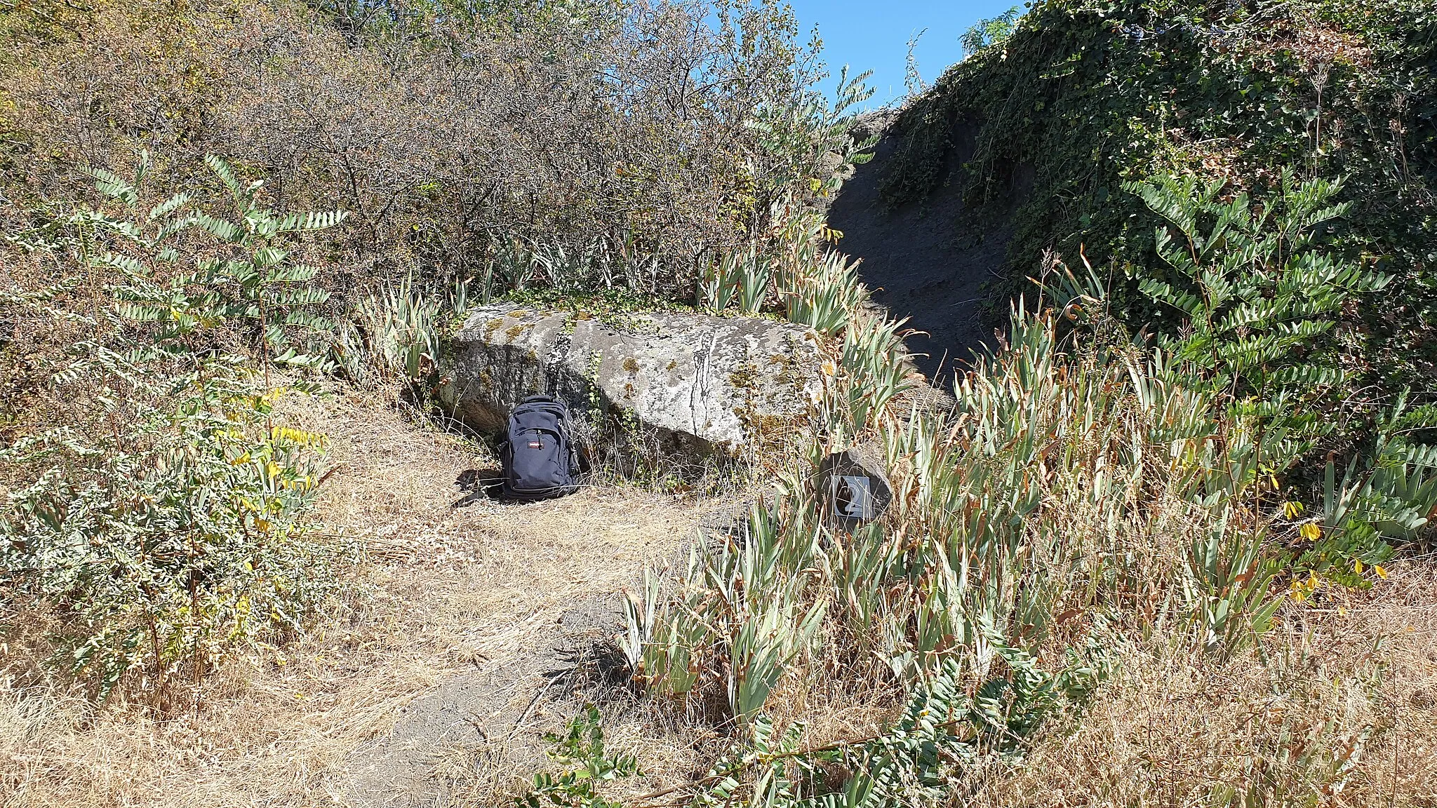 Photo showing: Menhir du Puy de la Poix à Clermont-Ferrand avec sac à dos en échelle