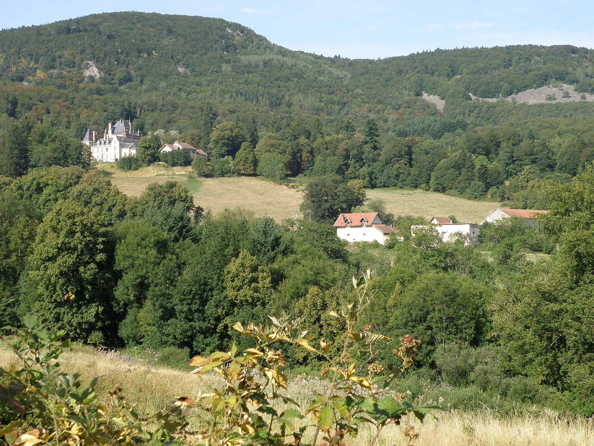 Photo showing: Commune de Saint-Julien-du-Pinet, dép. de la Haute-Loire, France (région Auvergne). Hameau de Vaux au second plan à droite, et, plus éloigné et en contrehaut, le château de Vaux, dans le nord de la commune, photographiés depuis la D72 (le château et son domaine étant propriété privée, il est difficile de s'en approcher davantage). Au fond à gauche, le suc d'Orsier (alt. 1089m), et à droite les Valeyres, tous deux situés dans la commune de Mézères. Coup d'oeil vers le sud-ouest.