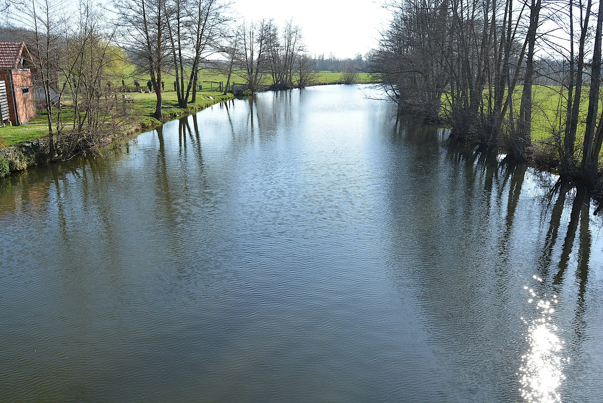 Photo showing: La Besbre à Jaligny-sur-Besbre depuis le pont de la route départementale 989, vers l'amont.