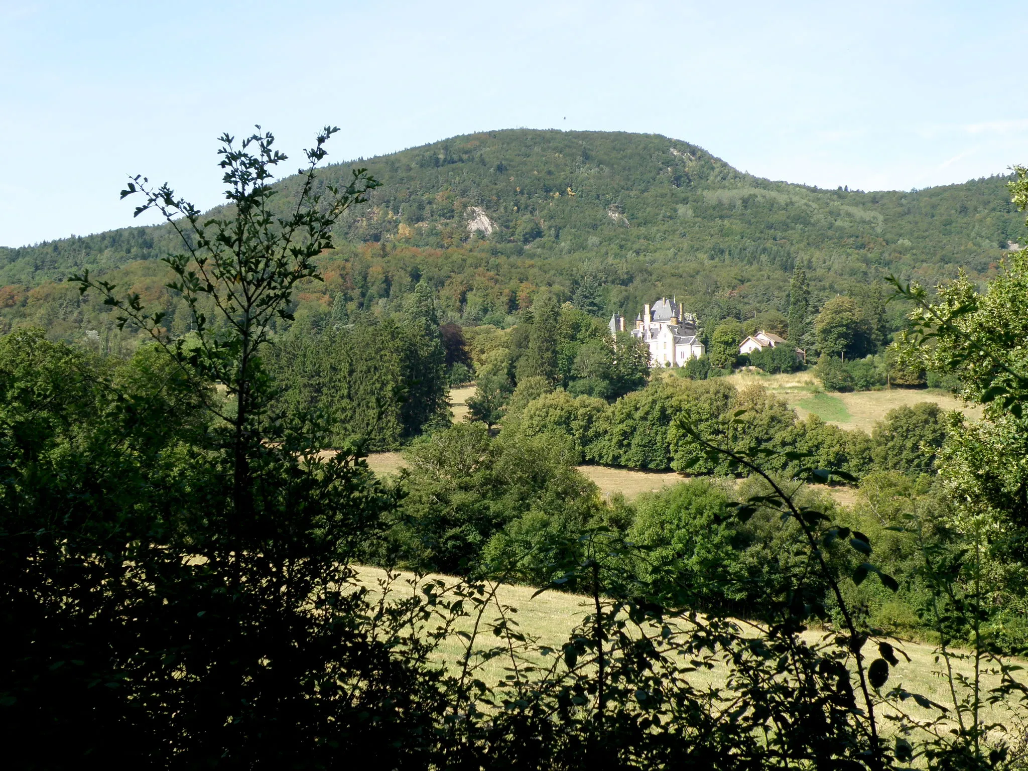 Photo showing: Commune de Saint-Julien-du-Pinet, dép. de la Haute-Loire, France (région Auvergne). Château de Vaux, dans le nord de la commune, photographié depuis la D72 (le château et son domaine étant propriété privée, il est difficile de s'en approcher davantage). Au fond : le suc d'Orsier (alt. 1089m), situé dans la commune de Mézères. Coup d'oeil vers le sud-ouest.