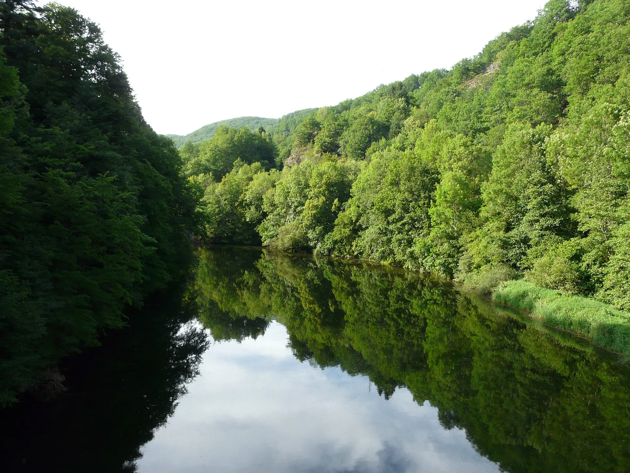 Photo showing: La Rhue (retenue du barrage de Vaussaire) au pont des Faux monnayeurs, en aval de le route départementale 679, entre les communes de Saint-Étienne-de-Chomeil à gauche et Trémouille à droite ; Cantal, France.