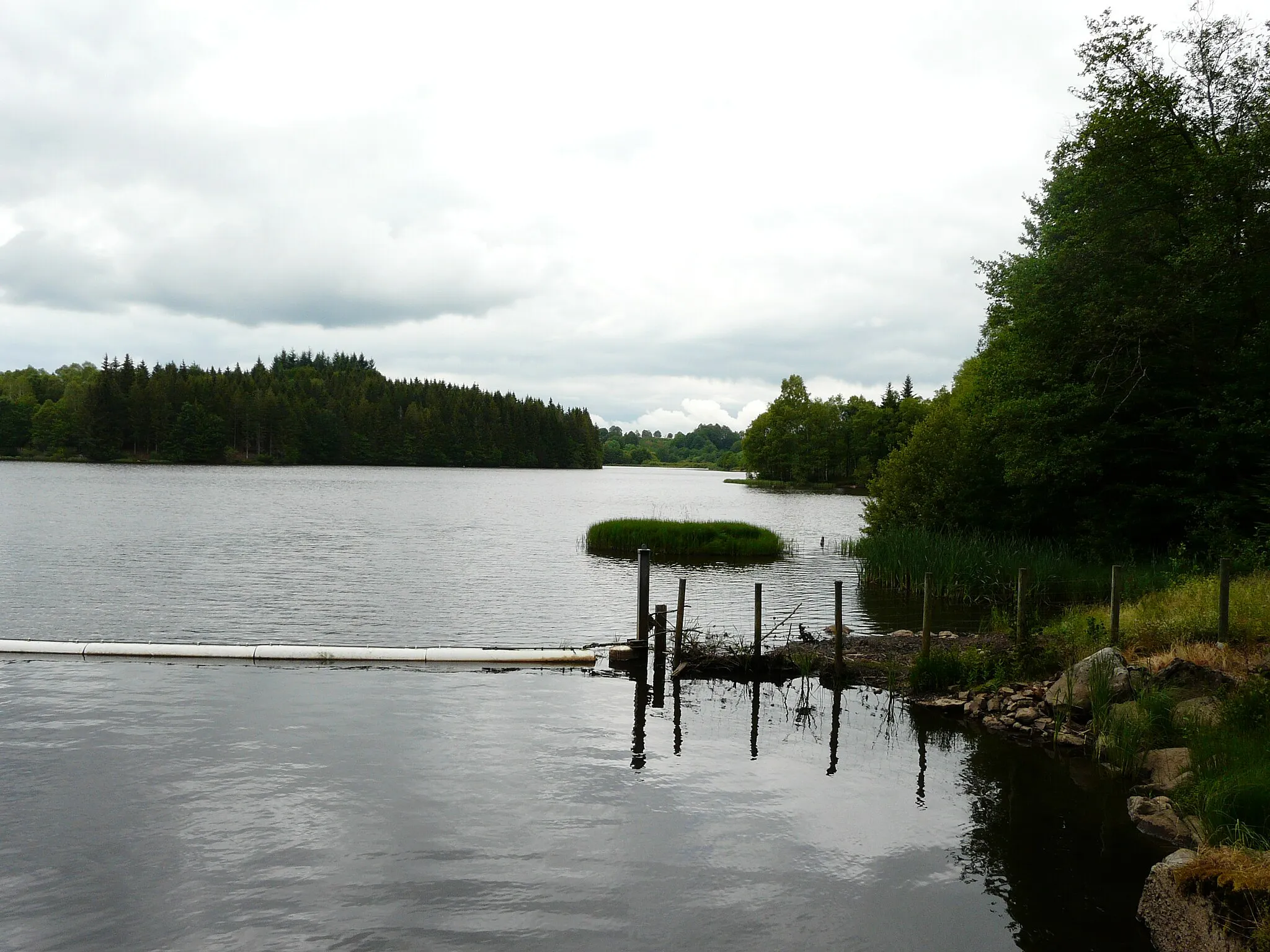 Photo showing: Le lac du Tact en amont du déversoir sud, entre Trémouille (au premier plan) et Champs-sur-Tarentaine-Marchal (en arrière plan), Cantal, France.