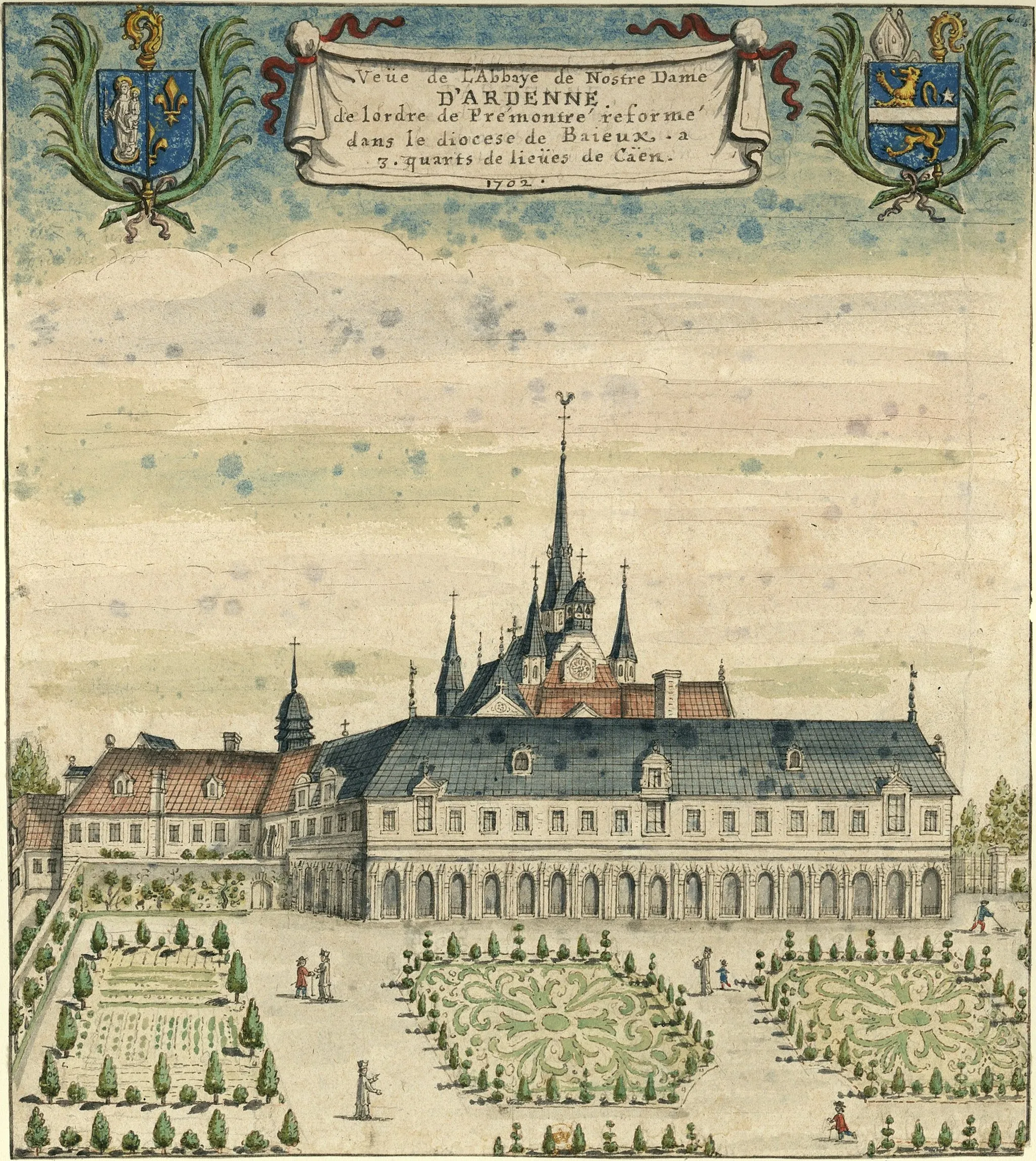 Photo showing: «Veüe de l'Abbaye de Nostre Dame D'ARDENNE de l'ordre de Prémontré reformé dans le diocèse de Baieux. a 3. quarts de lieüs de Caen»