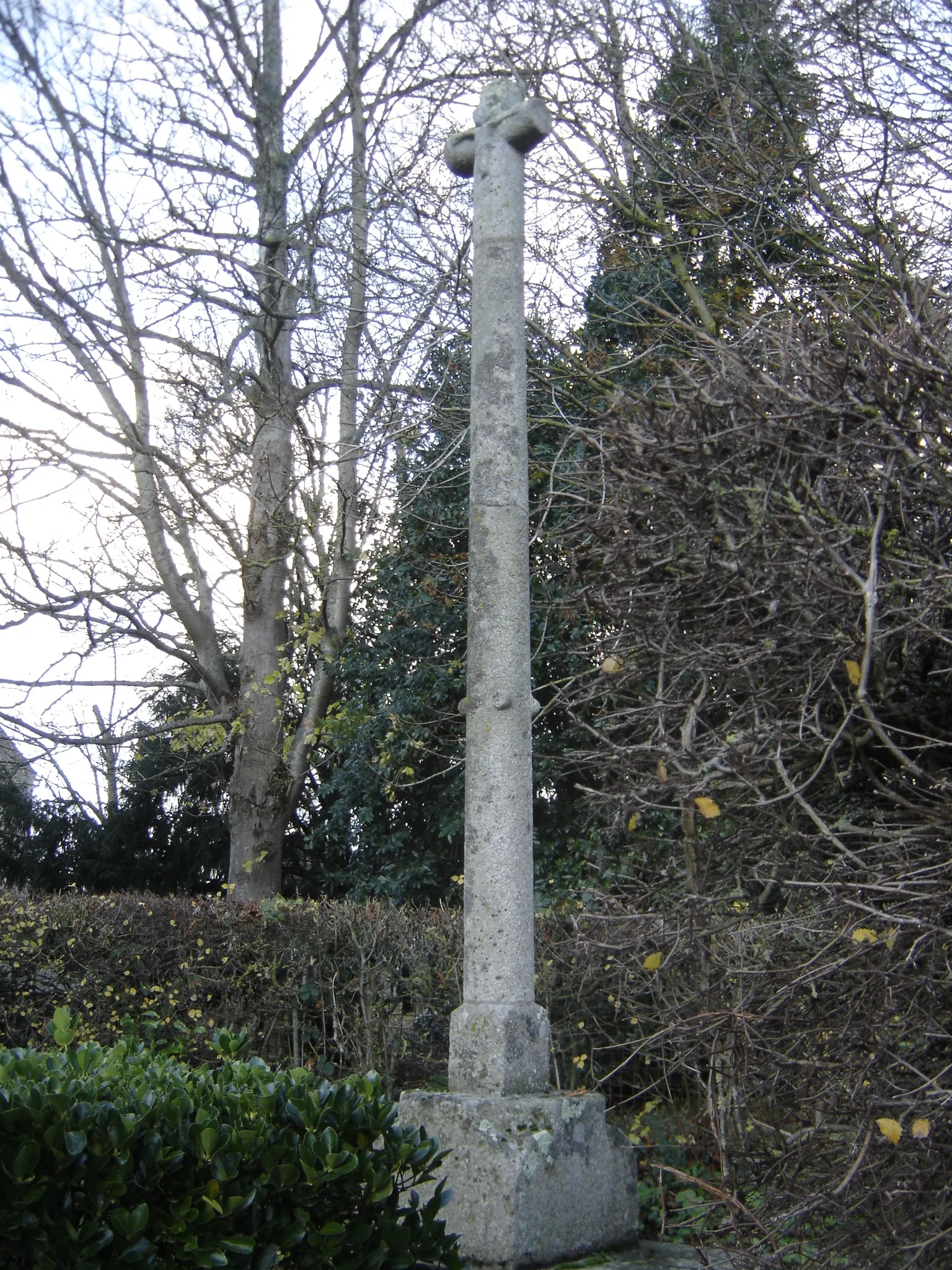 Photo showing: croix datant peut-être du 17è siècle, d'après la base mérimée. Les bosses qui ornent le fût pourraient symboliser les bubons de la peste qui a sévi en Basse Normandie au XVIIe siècle.Cette croix provient de la région de Vire, elle n'a été installée à Crépon qu'en 1992.