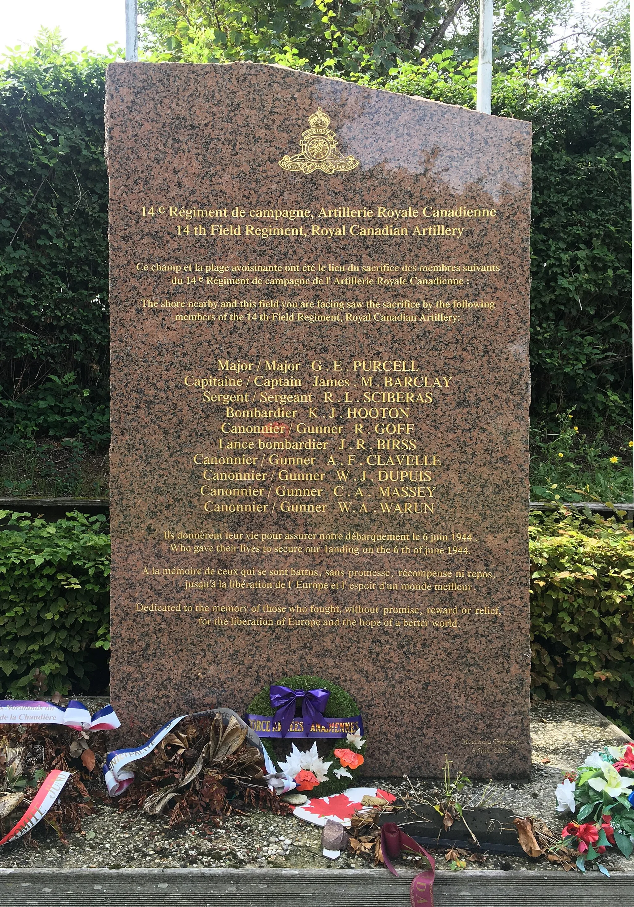 Photo showing: In memory of soldiers from the 14th Field Regiment, Royal Canadian Artillery, fallen during the landing on 6th June 1944